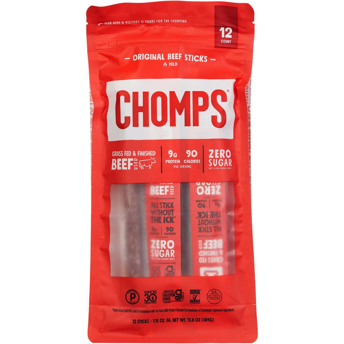 Chomps Original Zero Sugar Beef Sticks Without Antibiotics or Added Hormones Mild 1.15 oz 12 ct