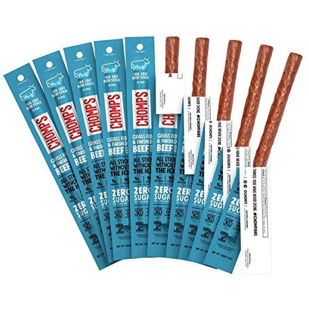 Chomps  Grass Fed Beef Jerky Sticks for AIP, Keto, Paleo, Whole30 Diets - Sea Salt Flavor (10 Pack)