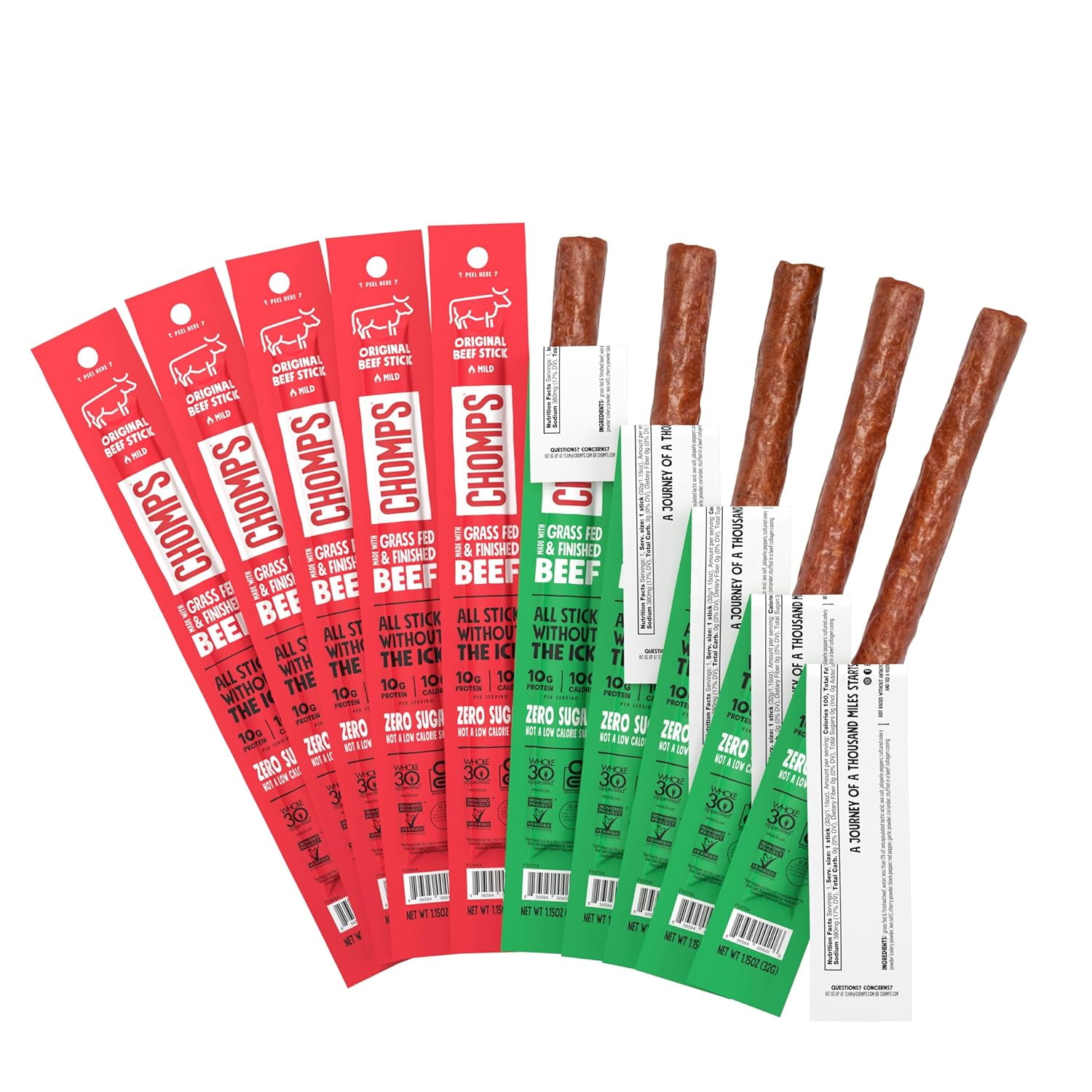 Chomps  Grass Fed Beef Jerky Sticks Beef Variety Pack 10 Sticks 5 Original Beef 5