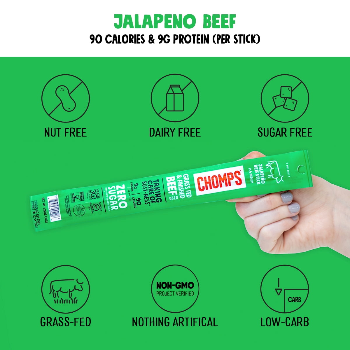 Chomps Grass Fed and Finished Jalapeno Beef Meat Snack 1.15oz Stick 6 Pack