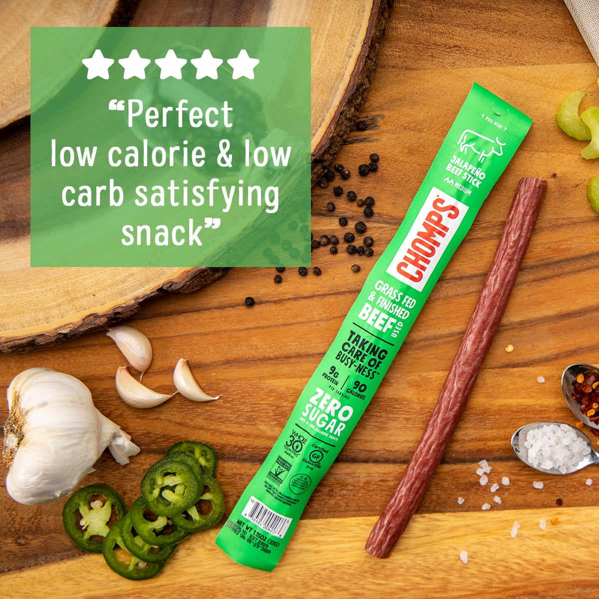 Chomps Grass Fed and Finished Jalapeno Beef Meat Snack 1.15oz Stick 6 Pack