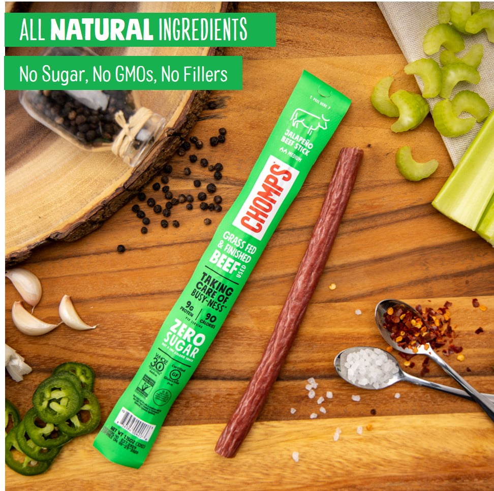 Chomps Grass Fed and Finished Jalapeno Beef Meat Snack 1.15oz Stick 6 Pack