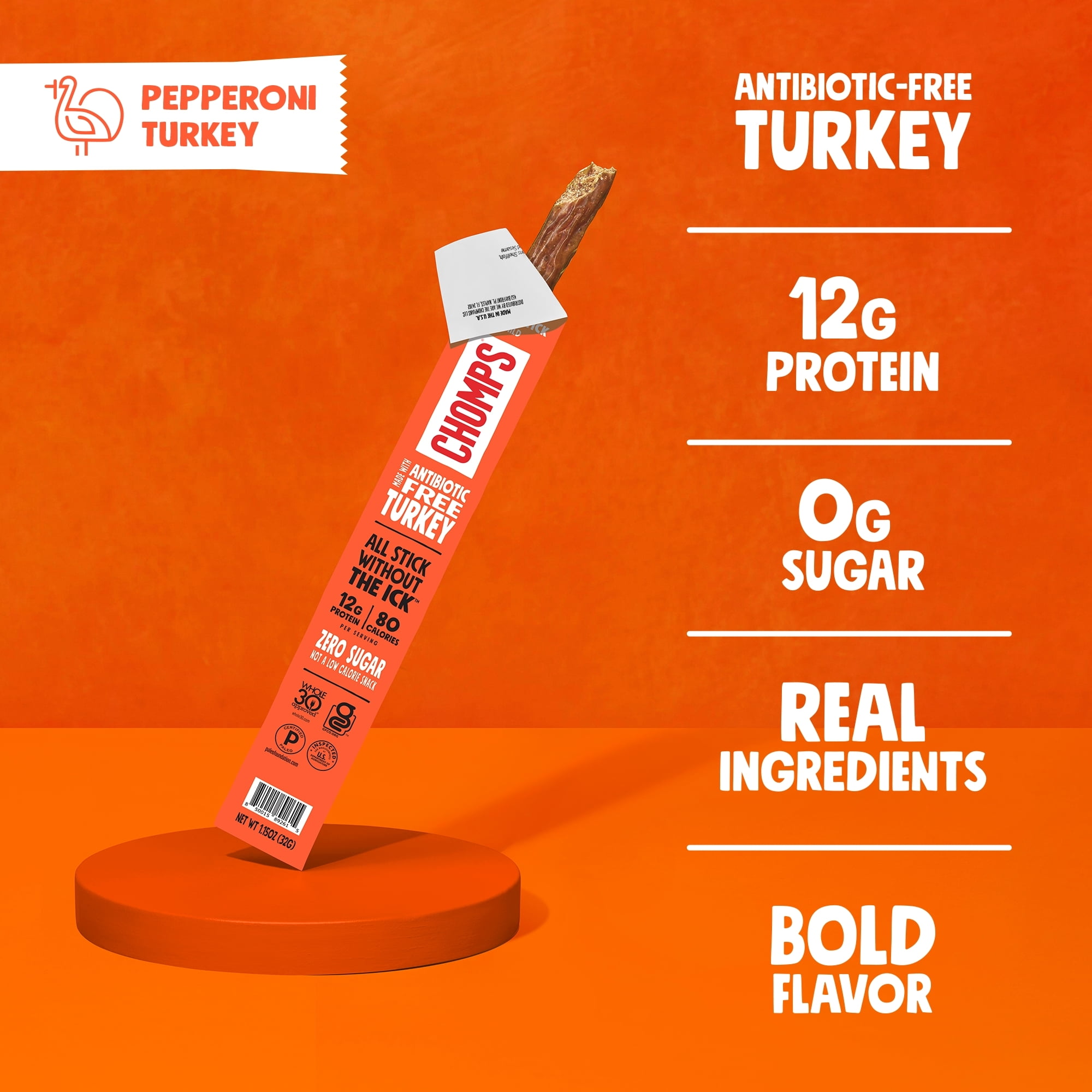 CHOMPS ANTIBIOTIC FREE PEPPERONI TURKEY STICK 1.15OZ - TASTY SNACK CHOICE FOR HEALTH-CONSCIOUS CONSUMERS