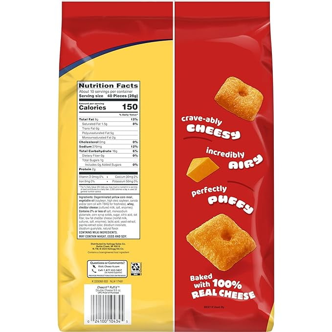 Cheez-It Puff'd Cheesy Baked Snacks Puffed Snack Crackers Kids Snacks Double Cheese 9.6oz Bag