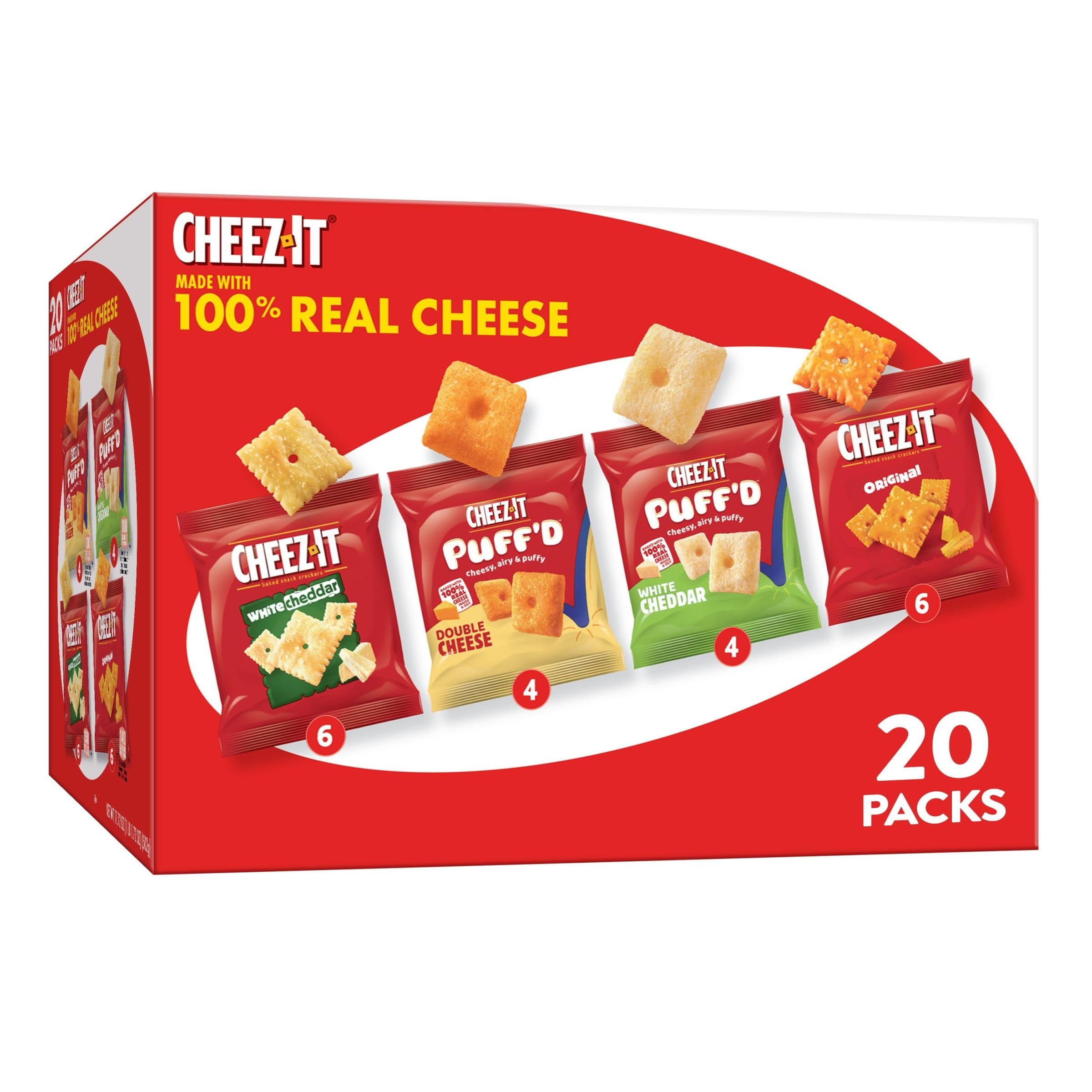CHEEZ-IT CHEESE CRACKERS BAKED SNACK VARIETY PACK 17.72OZ BOX 20 POUCHES FOR OFFICE KIDS SNACKS