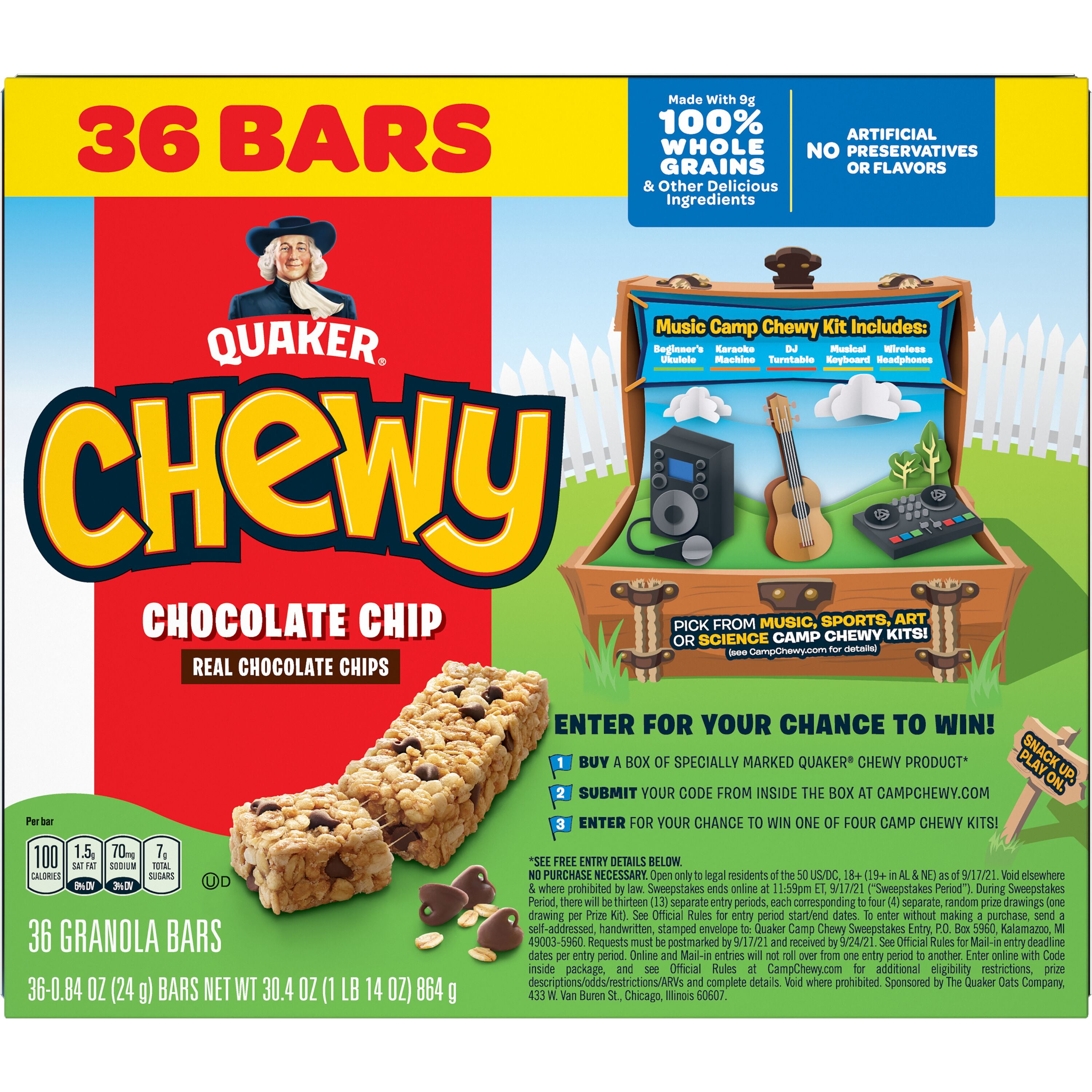 QUAKER CHEWY GRANOLA BARS 4 PACK CHOCOLATE CHIP FLAVOR 0.84 OZ 36 COUNT - AMERIKASEPETIM