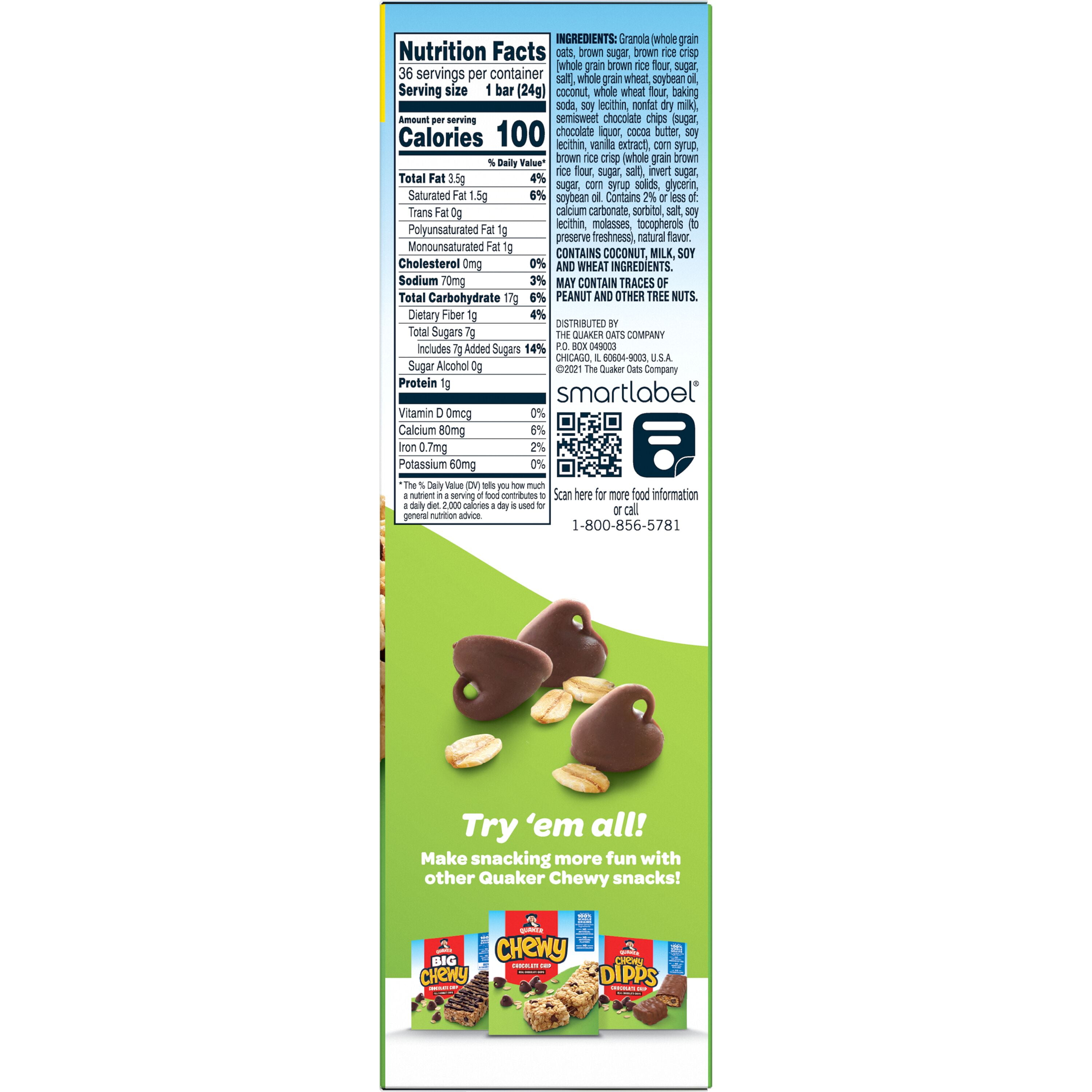 QUAKER CHEWY GRANOLA BARS 4 PACK CHOCOLATE CHIP FLAVOR 0.84 OZ 36 COUNT - AMERIKASEPETIM