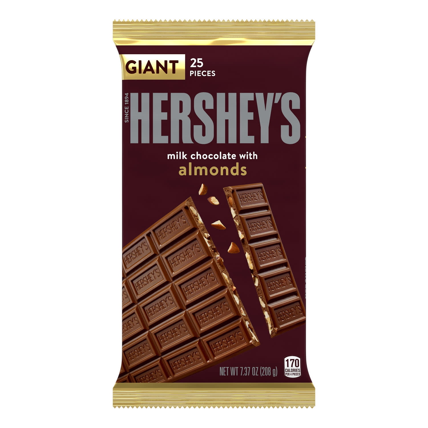 Hersheys Milk Chocolate Almonds Giant Candy Bar 7.37 oz 25 Pieces