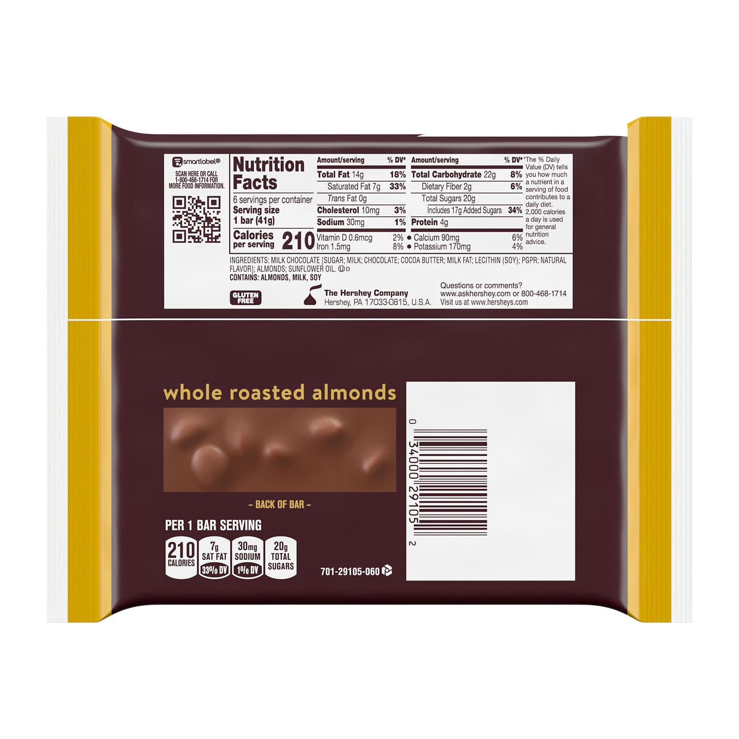 Hershey's Milk Chocolate Almonds Candy Bars 1.45 oz 6 Count