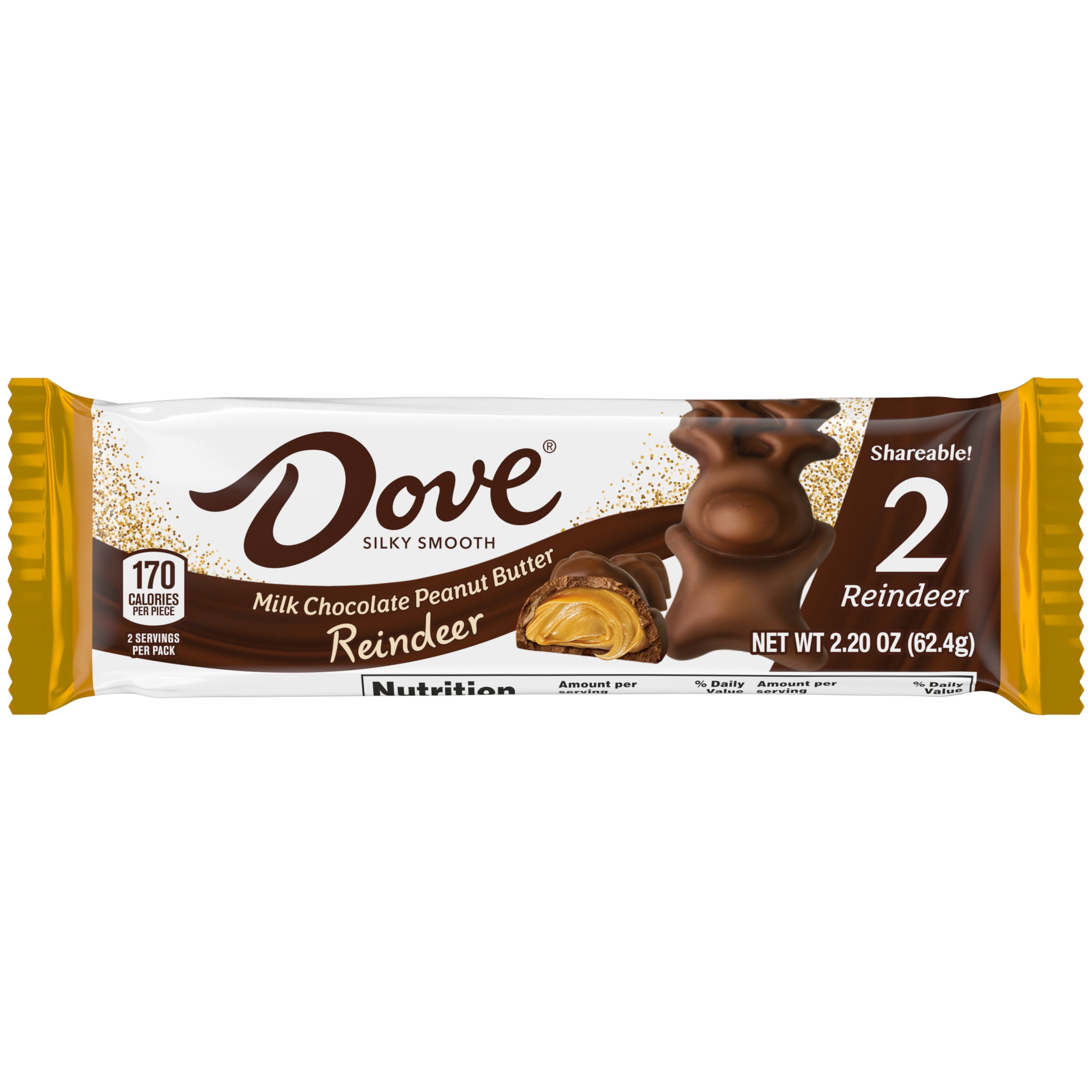 Dove Milk Chocolate Peanut Butter Reindeer Christmas Candy Bars 2 Ct 2.2 oz