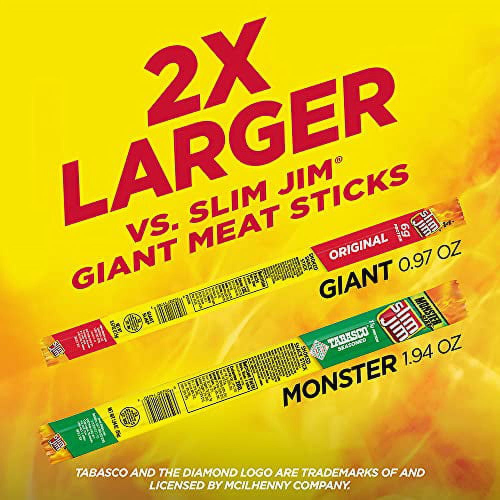 Slim  Jım MONSTER TABASCO SPICED STICK, 1.94 oz Each, 18 Pack