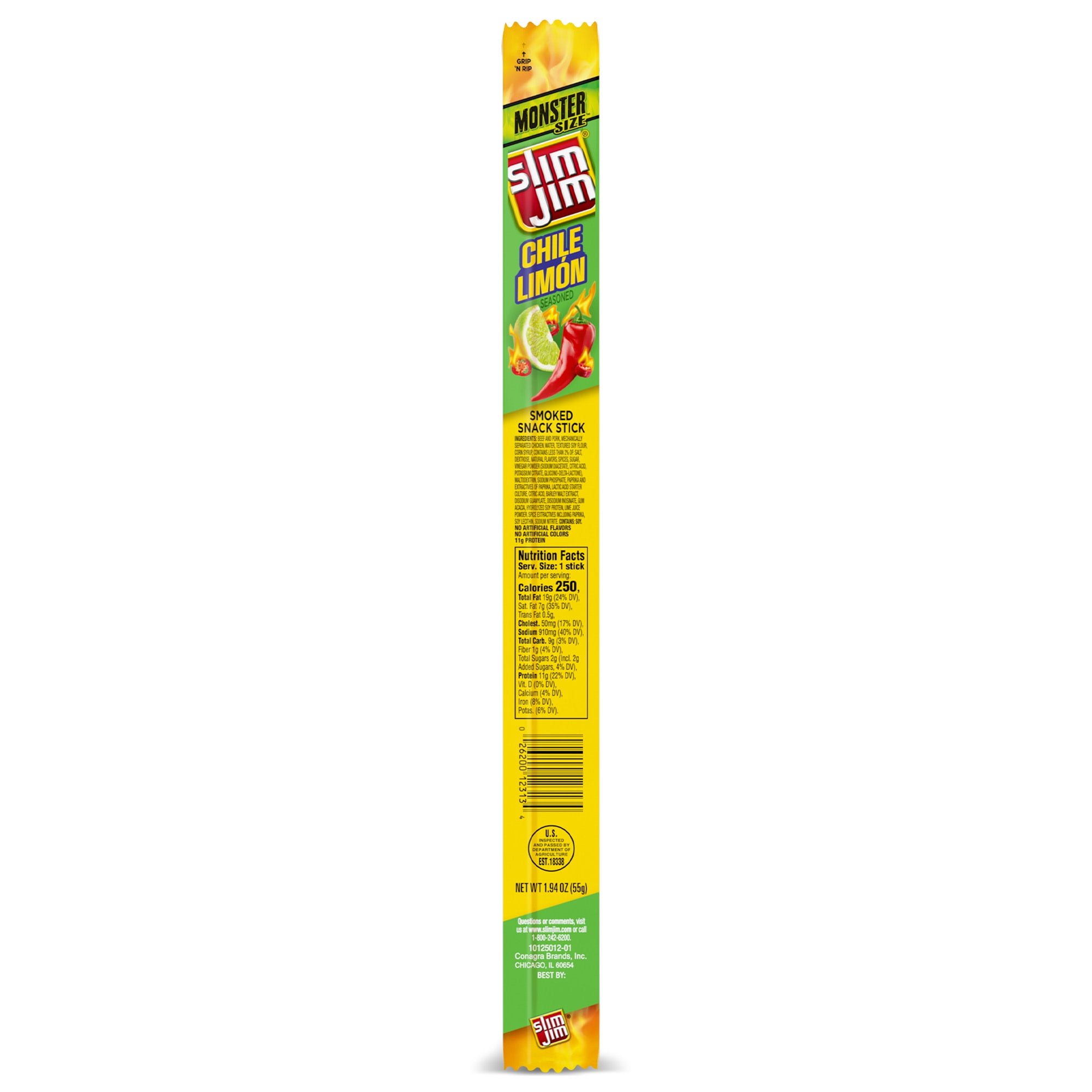 SLIM JIM MONSTER SMOKED SNACK STICK CHILE LIMóN SEASONED 1.94 OZ FOR SPICY SNACKING