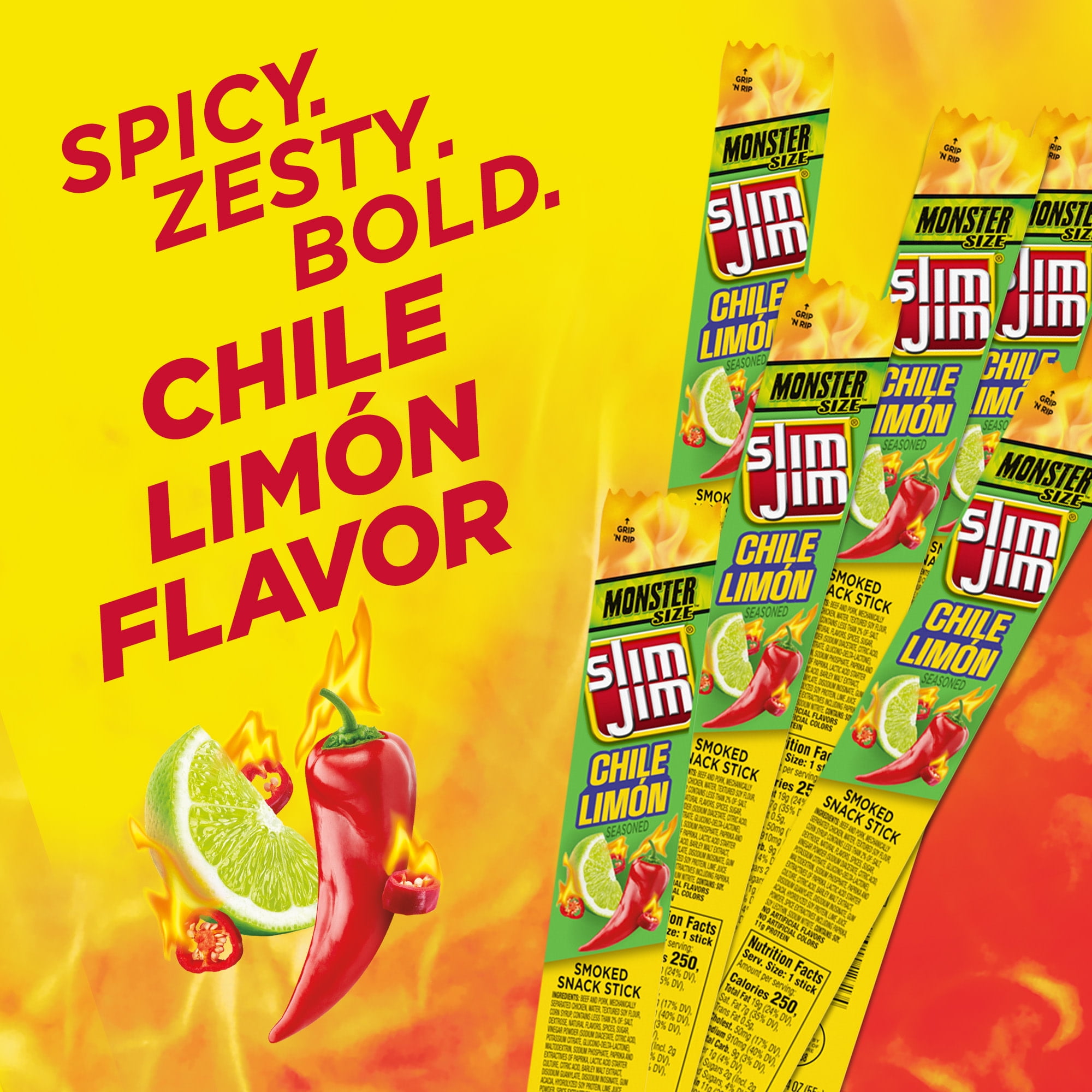 SLIM JIM MONSTER SMOKED SNACK STICK CHILE LIMóN SEASONED 1.94 OZ FOR SPICY SNACKING