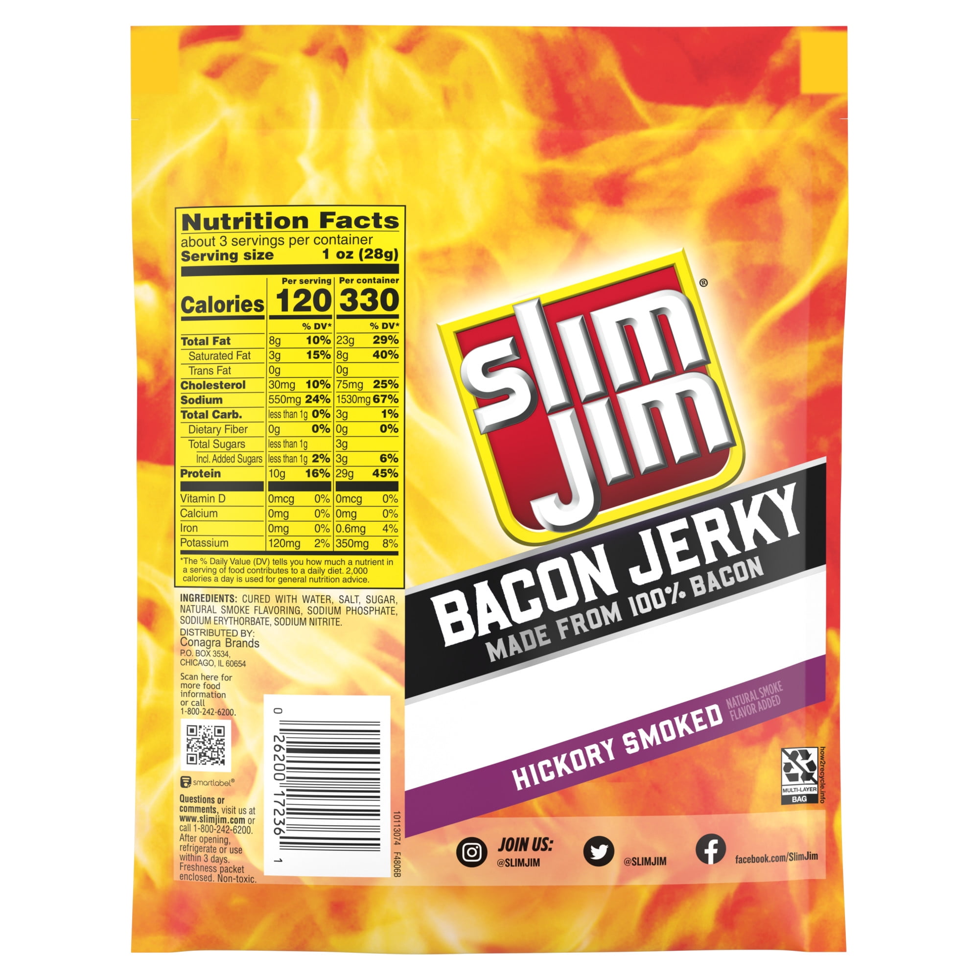 Slim Jim Bacon Jerky Hickory Smoked Flavor Meat Snacks 2.75 oz