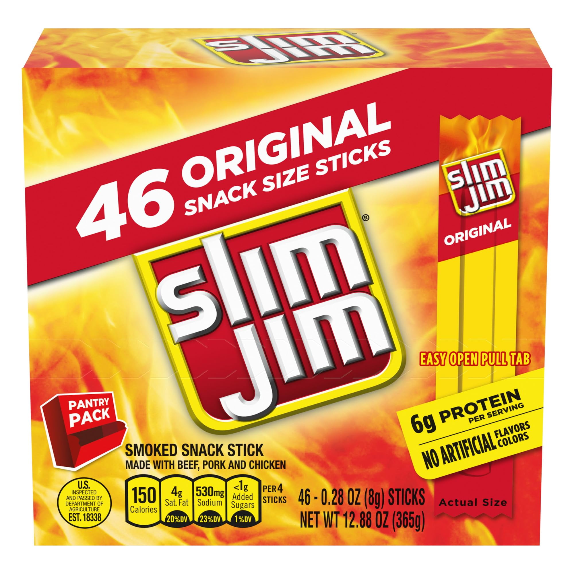 Slim Jim Smoked Meat Sticks HYZ01 Original Flavor 6g Protein Snack Size 0.28 oz 46 Count