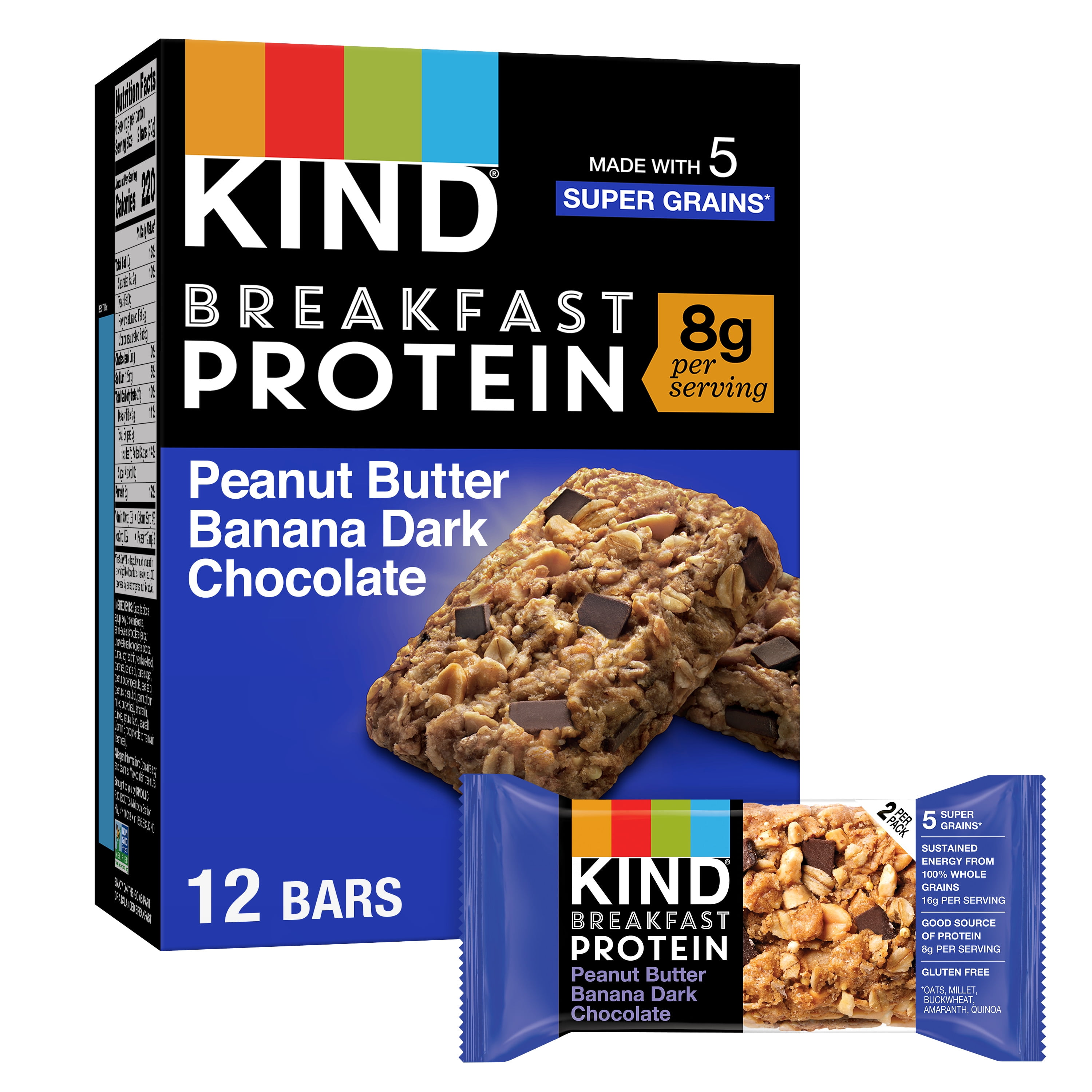 KIND Breakfast Protein Snack Bars Peanut Butter Banana Dark Chocolate Gluten Free 1.76 oz 12 Count Box