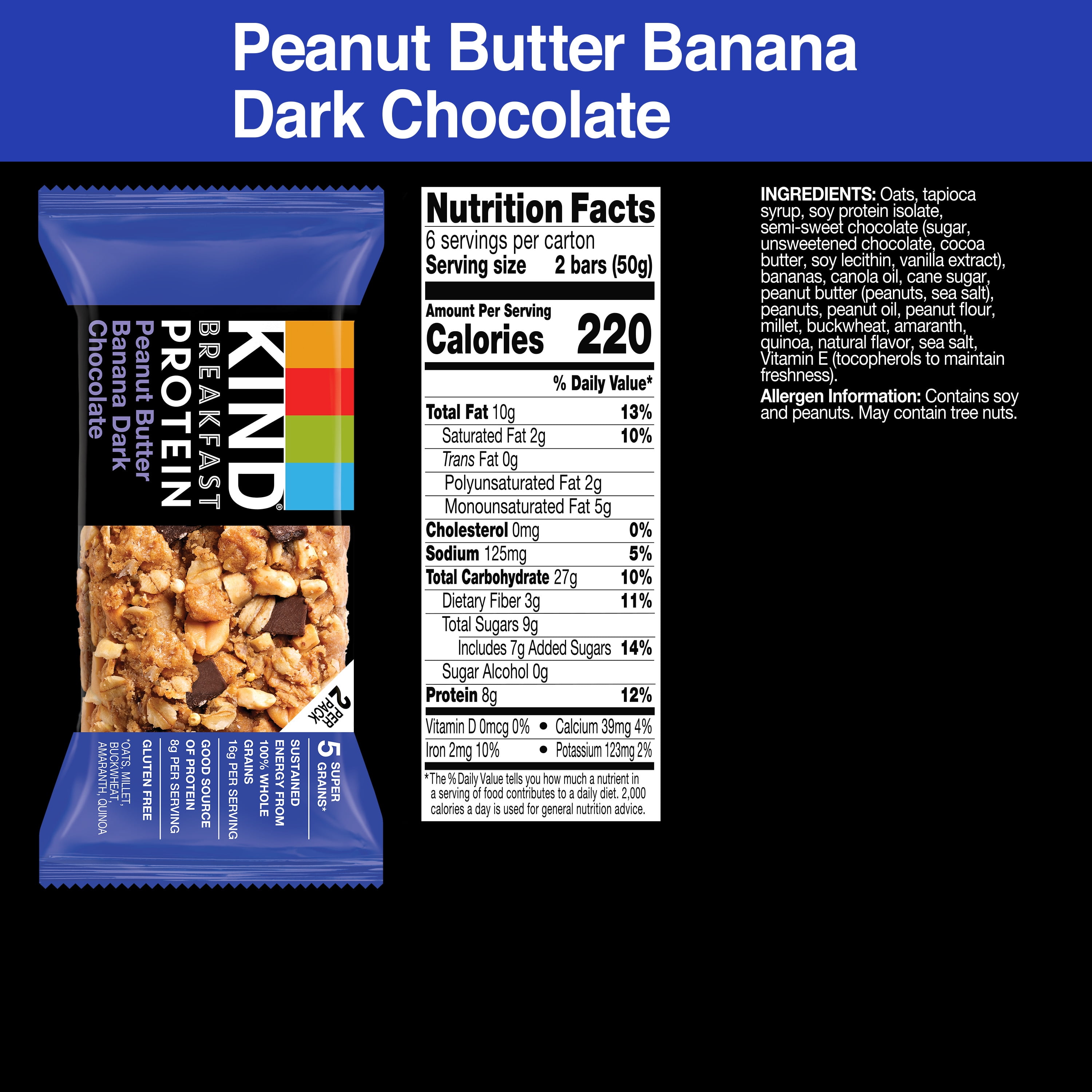 KIND Breakfast Protein Snack Bars Peanut Butter Banana Dark Chocolate Gluten Free 1.76 oz 12 Count Box