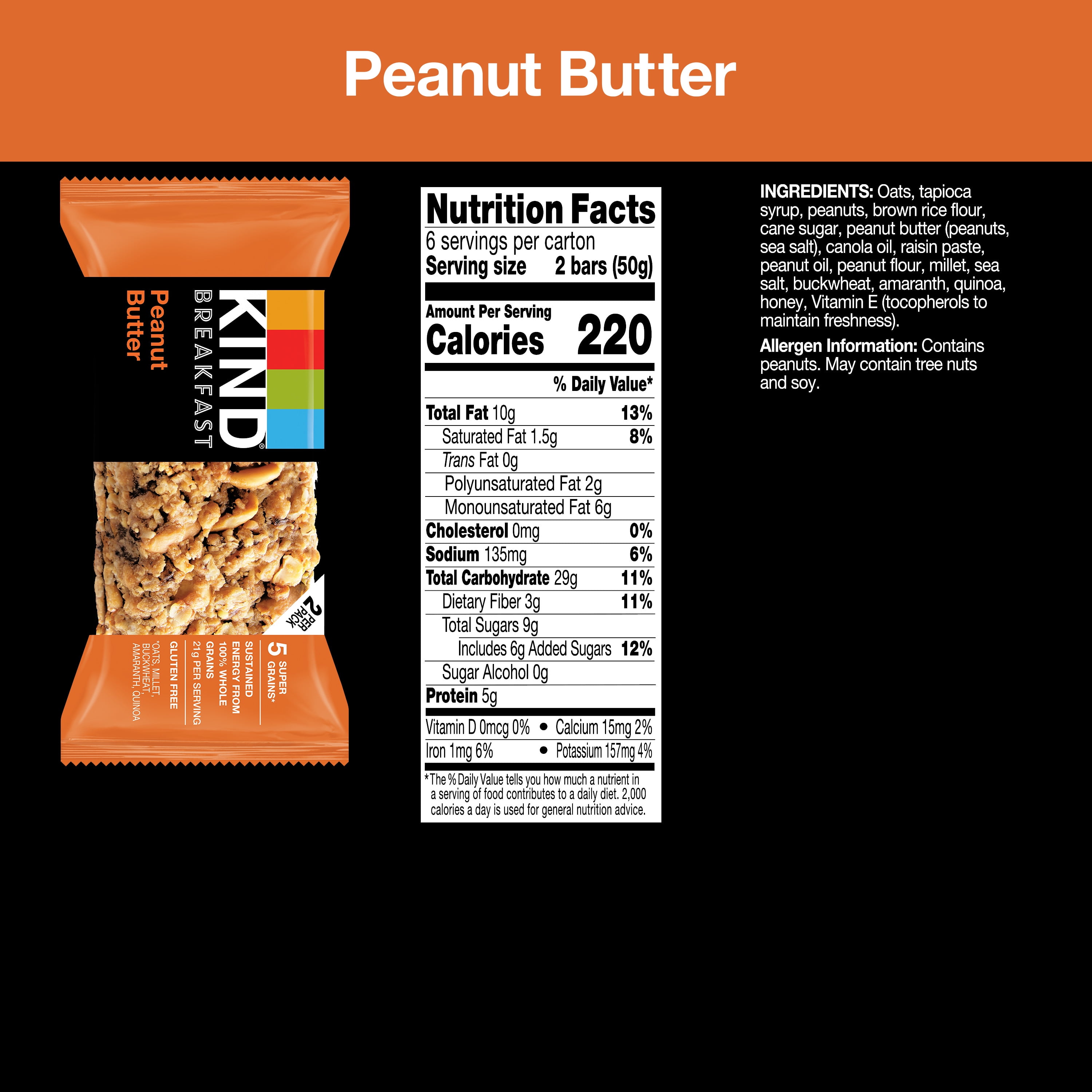 KIND BREAKFAST WHOLE GRAIN GLUTEN FREE PEANUT BUTTER SNACK BARS 1.76 OZ 12 COUNT