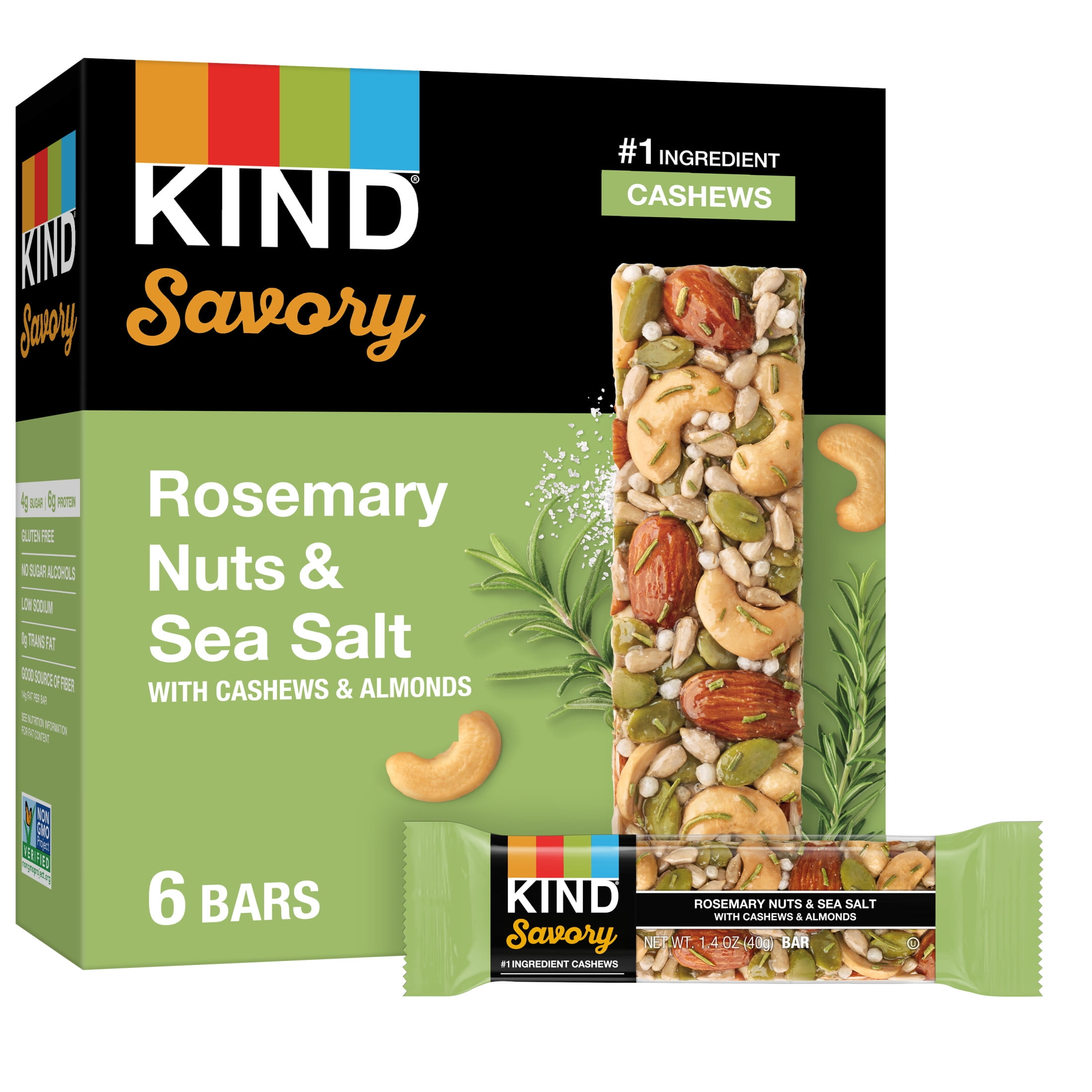 KIND SAVORY NUT BARS ROSEMARY NUTS SEA SALT 8.4OZ BOX 6 BARS