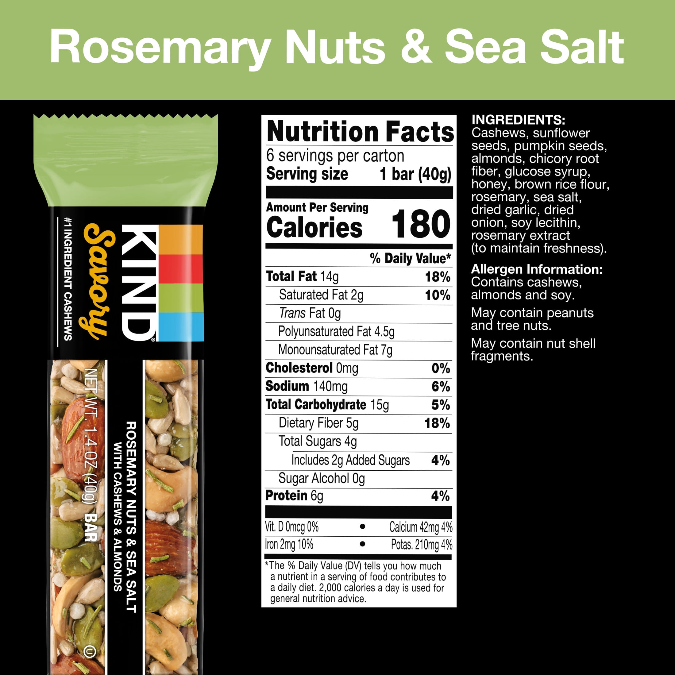 KIND SAVORY NUT BARS ROSEMARY NUTS SEA SALT 8.4OZ BOX 6 BARS