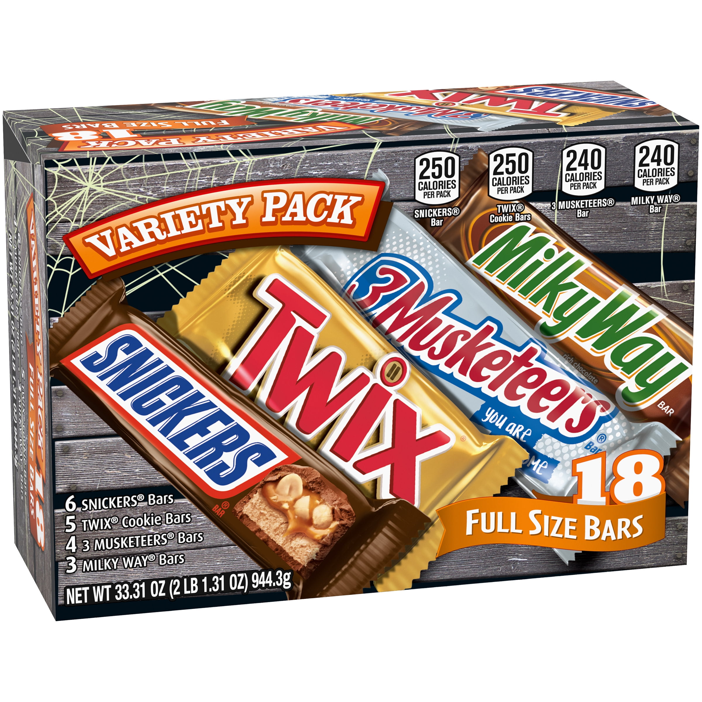 Mars Halloween Chocolate Bars Variety Pack with Snickers, Twix, Milky Way & 3 Musketeers - 18 Count