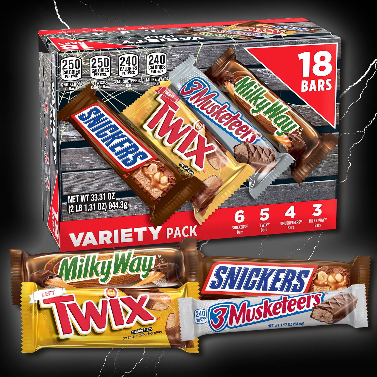 Mars Halloween Chocolate Bars Variety Pack with Snickers, Twix, Milky Way & 3 Musketeers - 18 Count