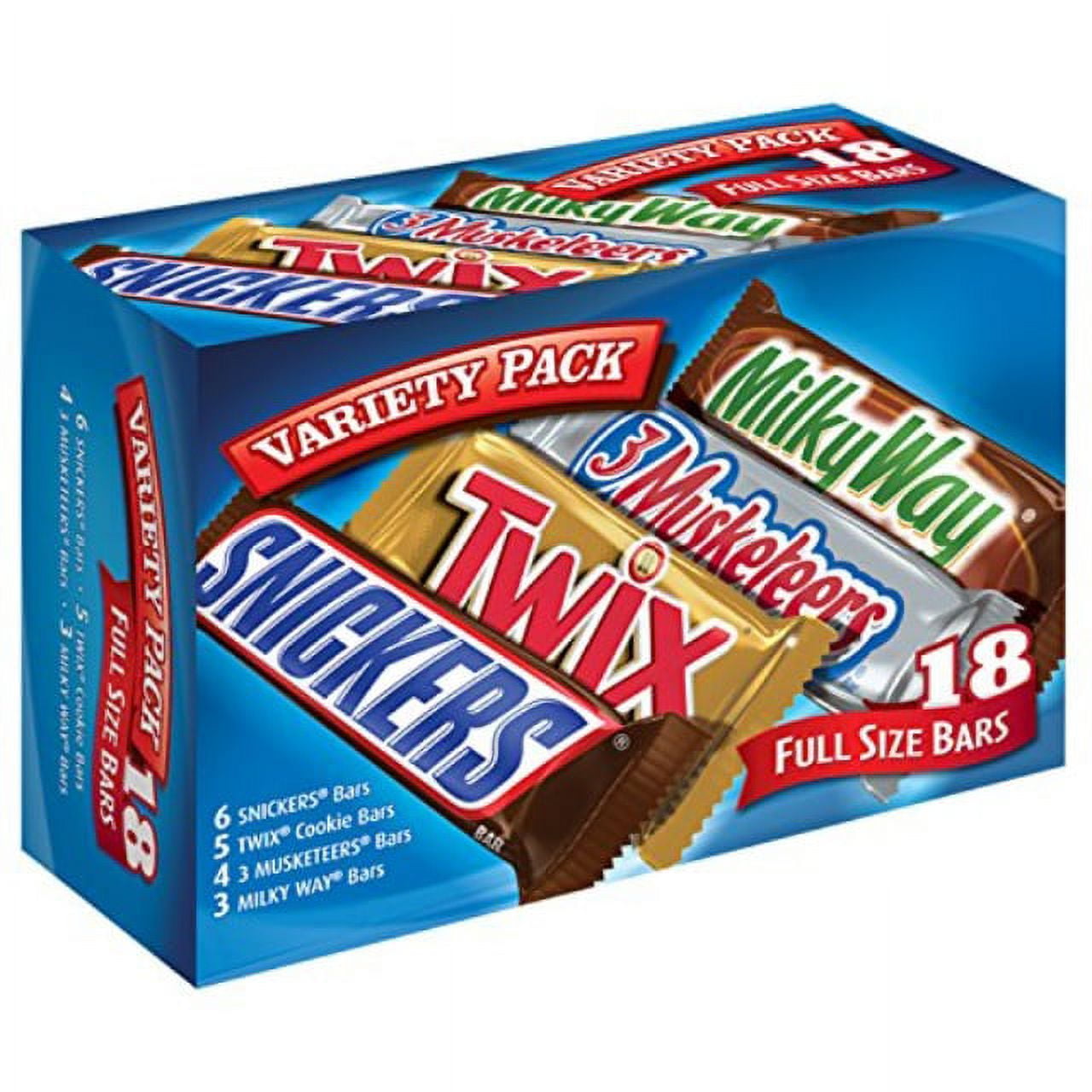 Mars Snickers Twix 3 Musketeers Milky Way Full Size Bars Variety Mix 18 Count Box