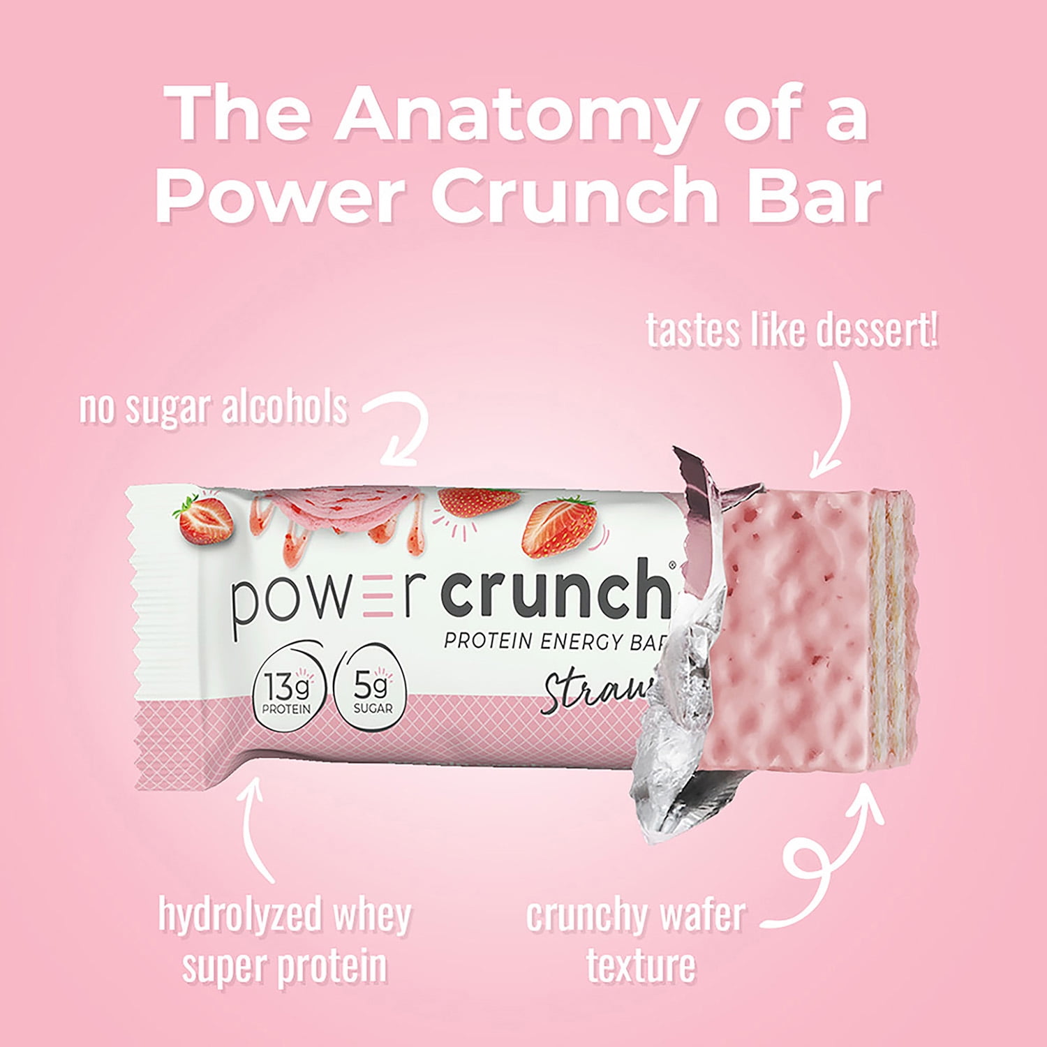 POWER CRUNCH STRAWBERRY CREAM PROTEIN ENERGY BAR 5 PACK 1.4 OZ BARS FOR A BURST OF ENERGY