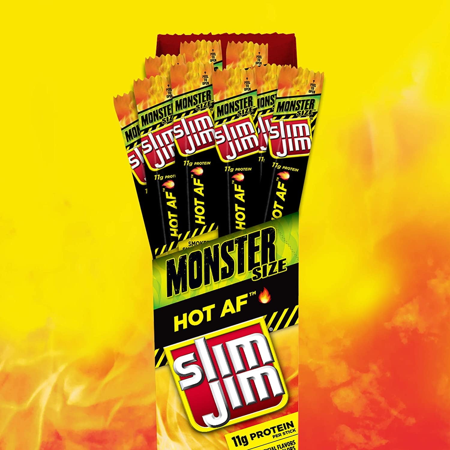 Slim Jim Monster Smoked Meat Snack Stick Hot AF Flavor Protein-Rich 1.94 oz Stick 18 Count