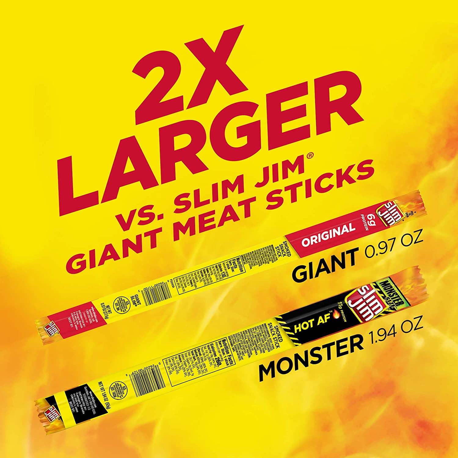 Slim Jim Monster Smoked Meat Snack Stick Hot AF Flavor Protein-Rich 1.94 oz Stick 18 Count