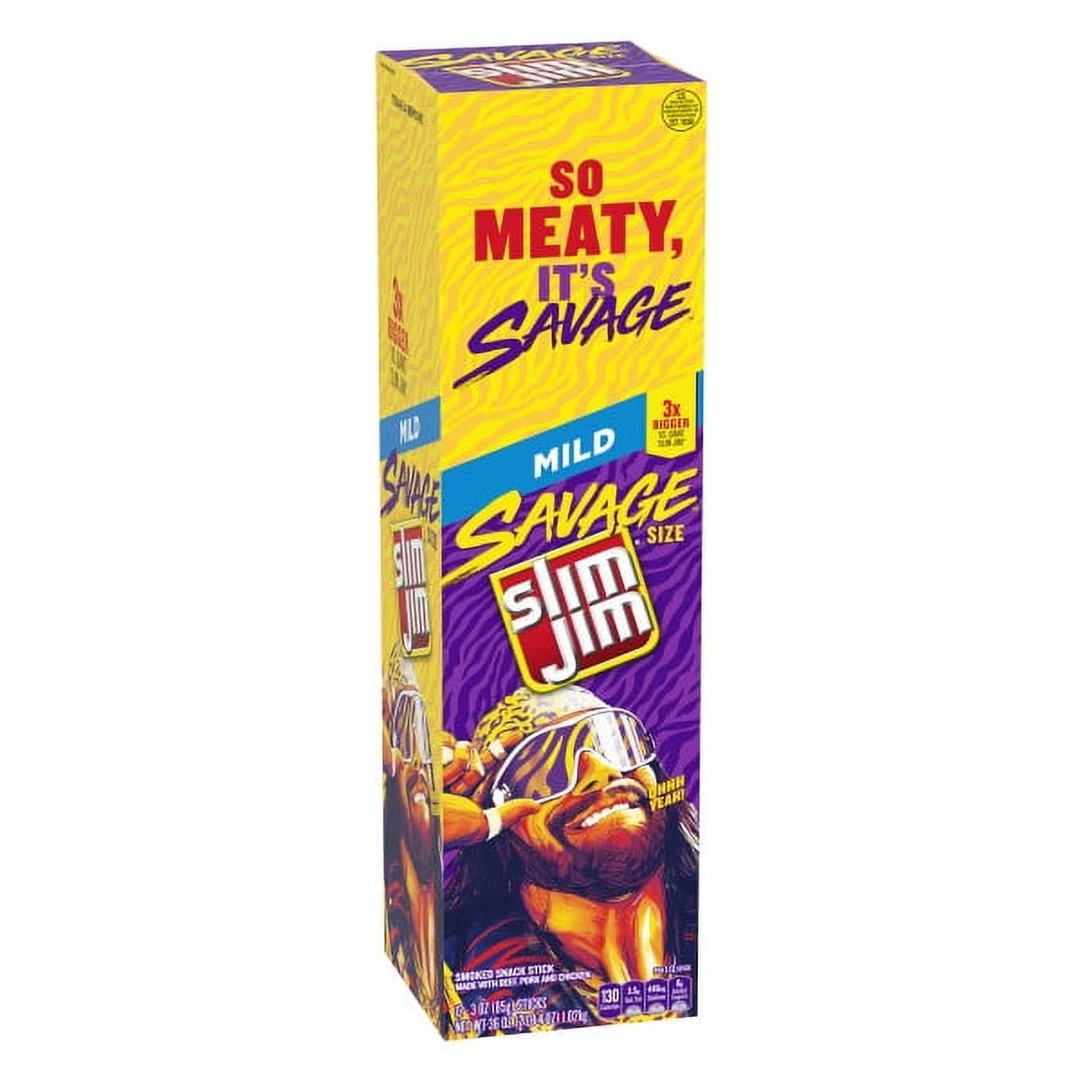 Slim Jim Savage Mild 3 oz Pack Of 12 Beef Sticks Medium Spicy Flavor for Snack