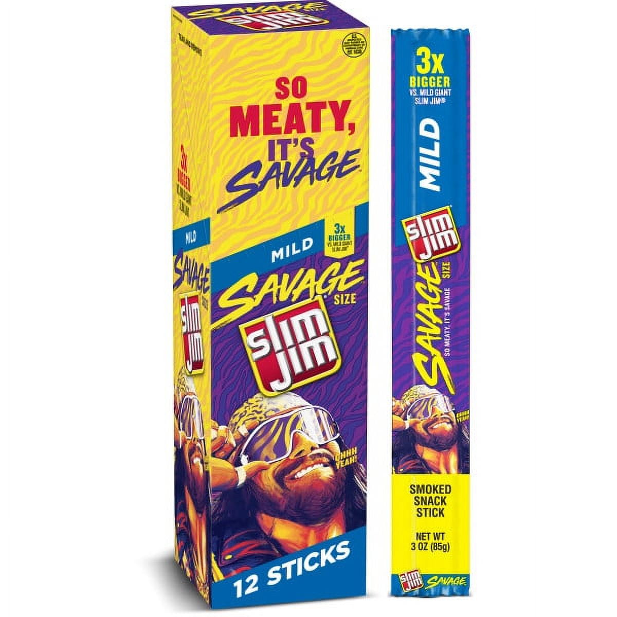 Slim Jim Savage Mild 3 oz Pack Of 12 Beef Sticks Medium Spicy Flavor for Snack