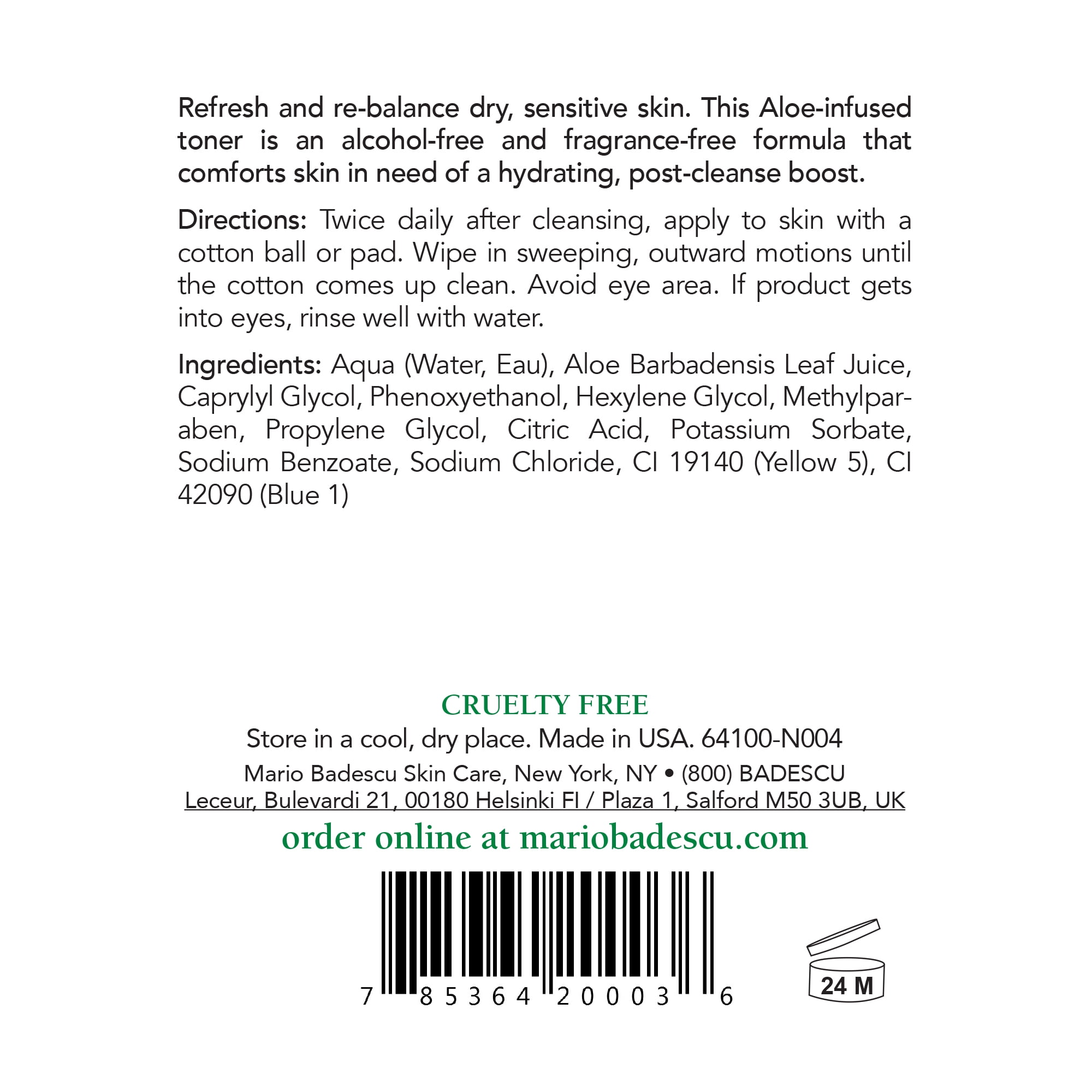 Mario Badescu Aloe Vera Facial Toner for Soothing Skin Care 8 fl oz