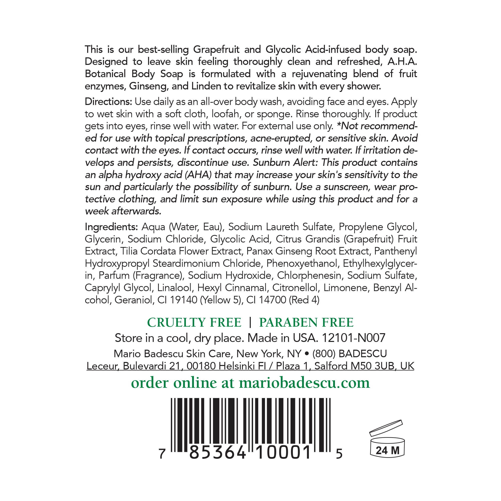 Mario Badescu AHA Botanical Body Soap Exfoliating Skin Care 8 oz