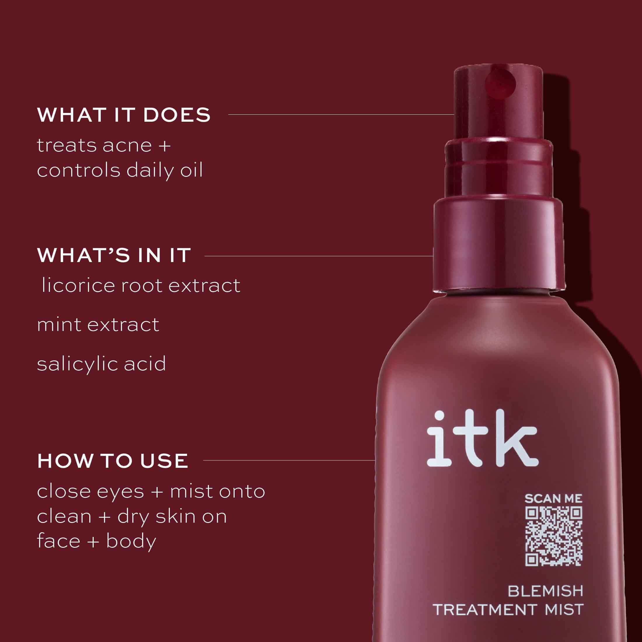 ITK Blemish Mist Acne Treatment Salicylic Acid All Skin Types 3.3 oz