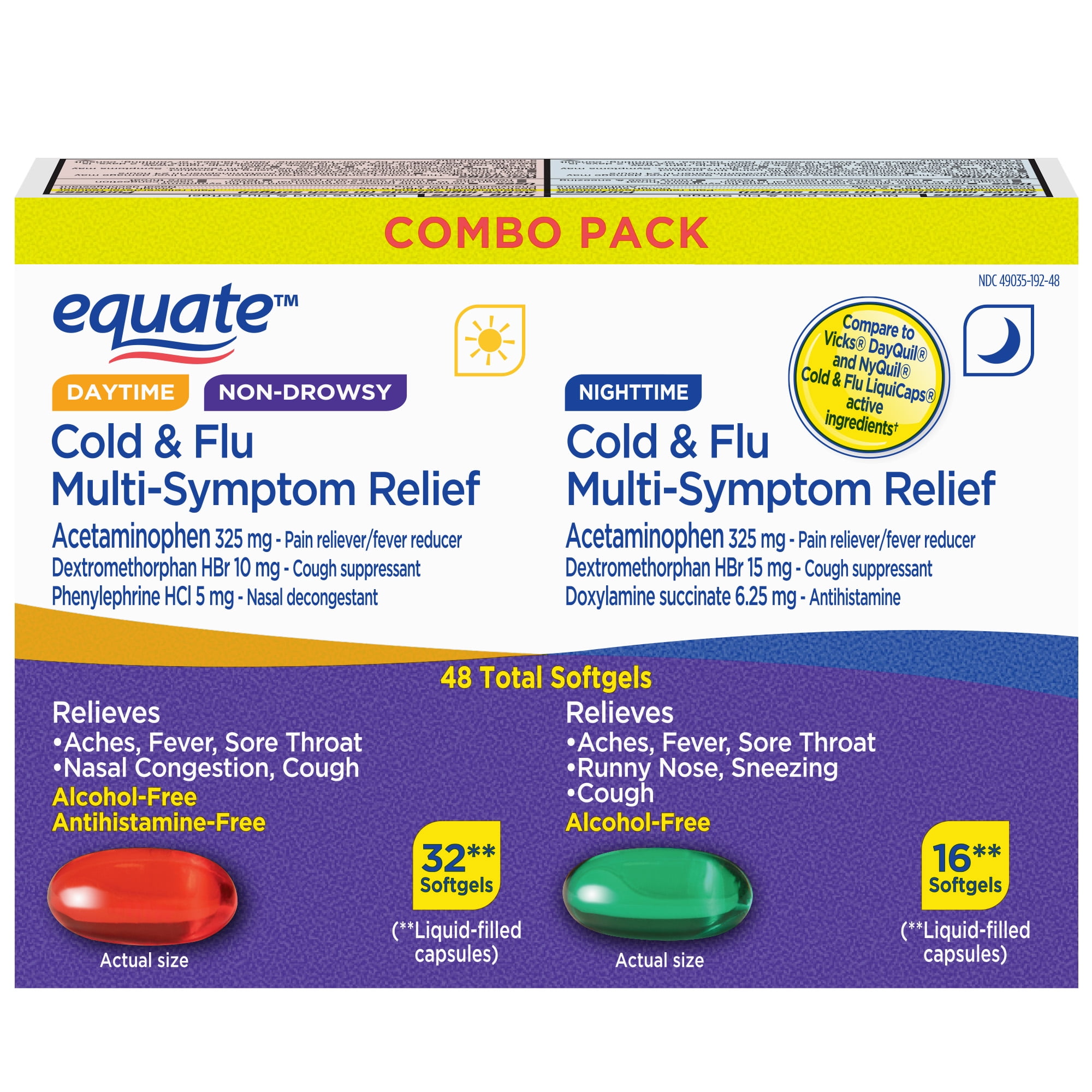 Equate Daytime Nighttime Cold Flu Multi-Symptom Relief 48 Softgels