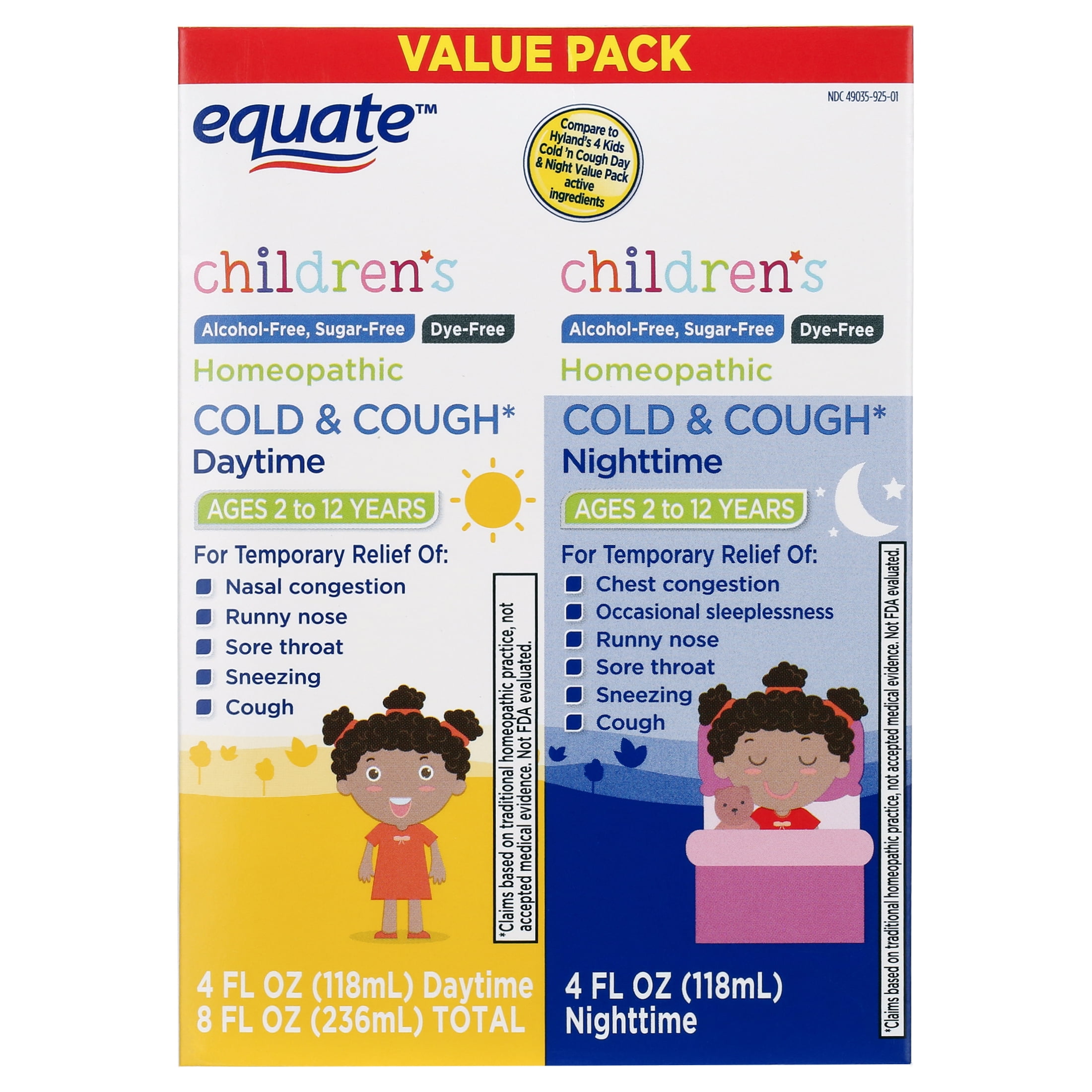 Equate Kids Homeopathic Cold Cough Liquid Twin Pack 4 fl oz for Daytime Nighttime