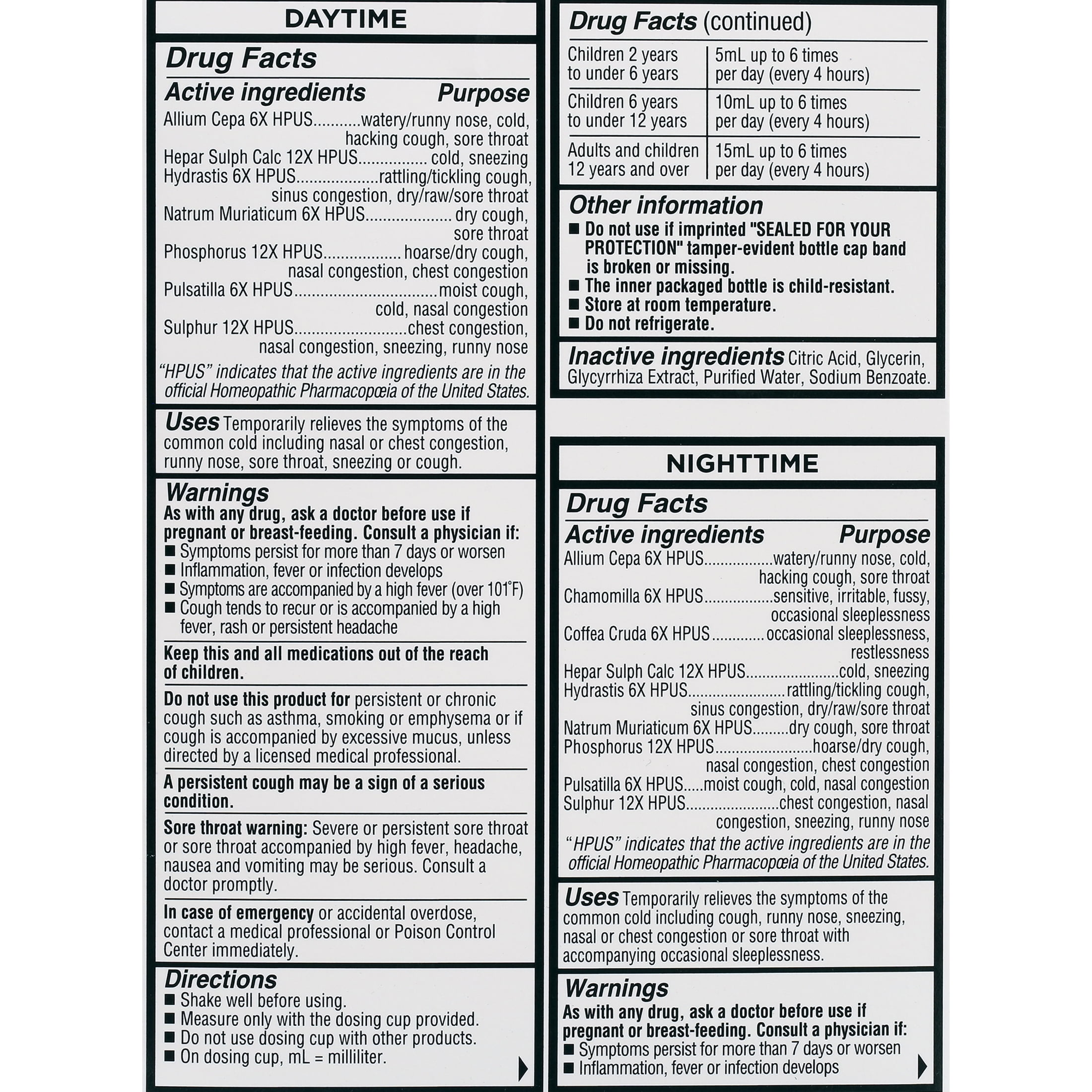 Equate Kids Homeopathic Cold Cough Liquid Twin Pack 4 fl oz for Daytime Nighttime