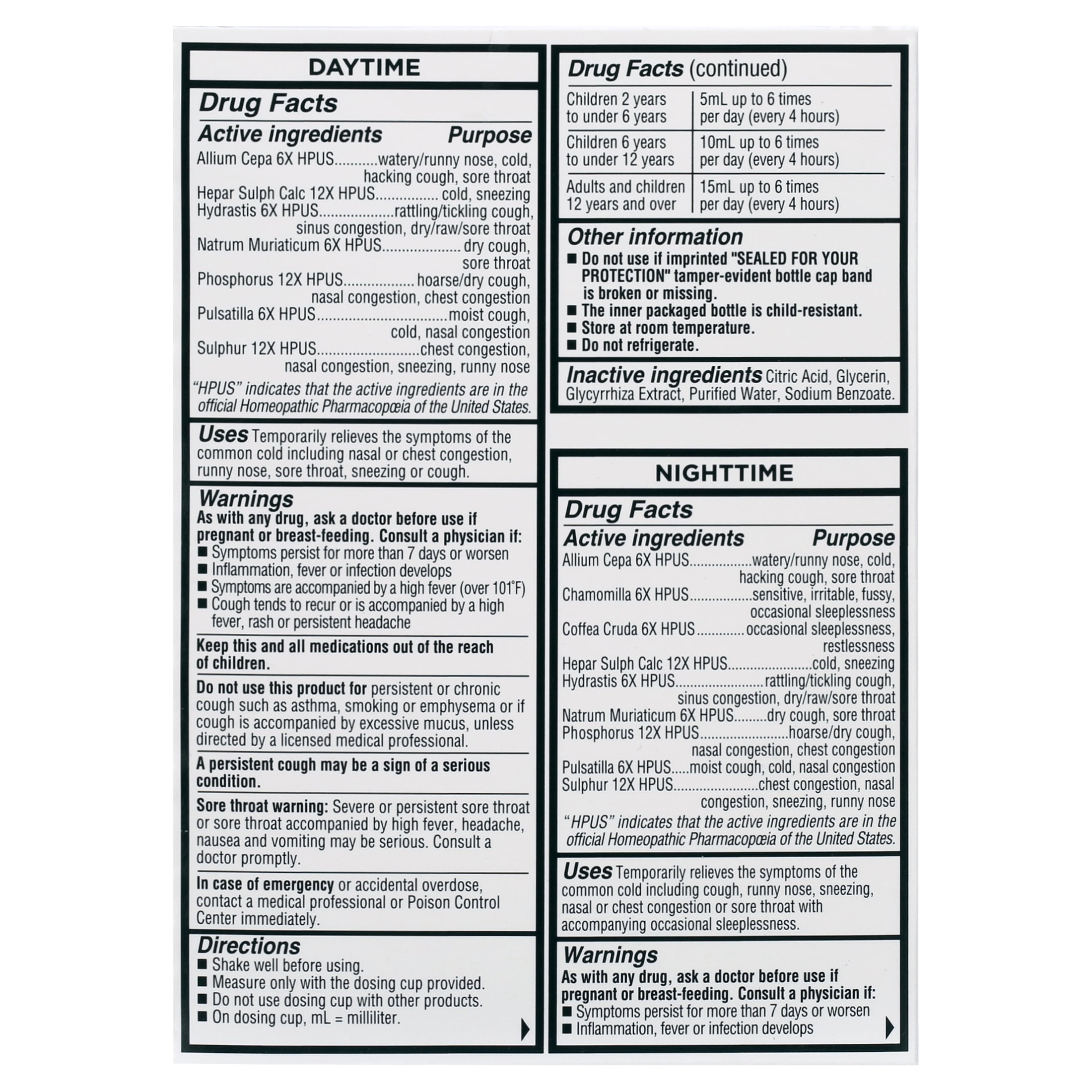Equate Kids Homeopathic Cold Cough Liquid Twin Pack 4 fl oz for Daytime Nighttime
