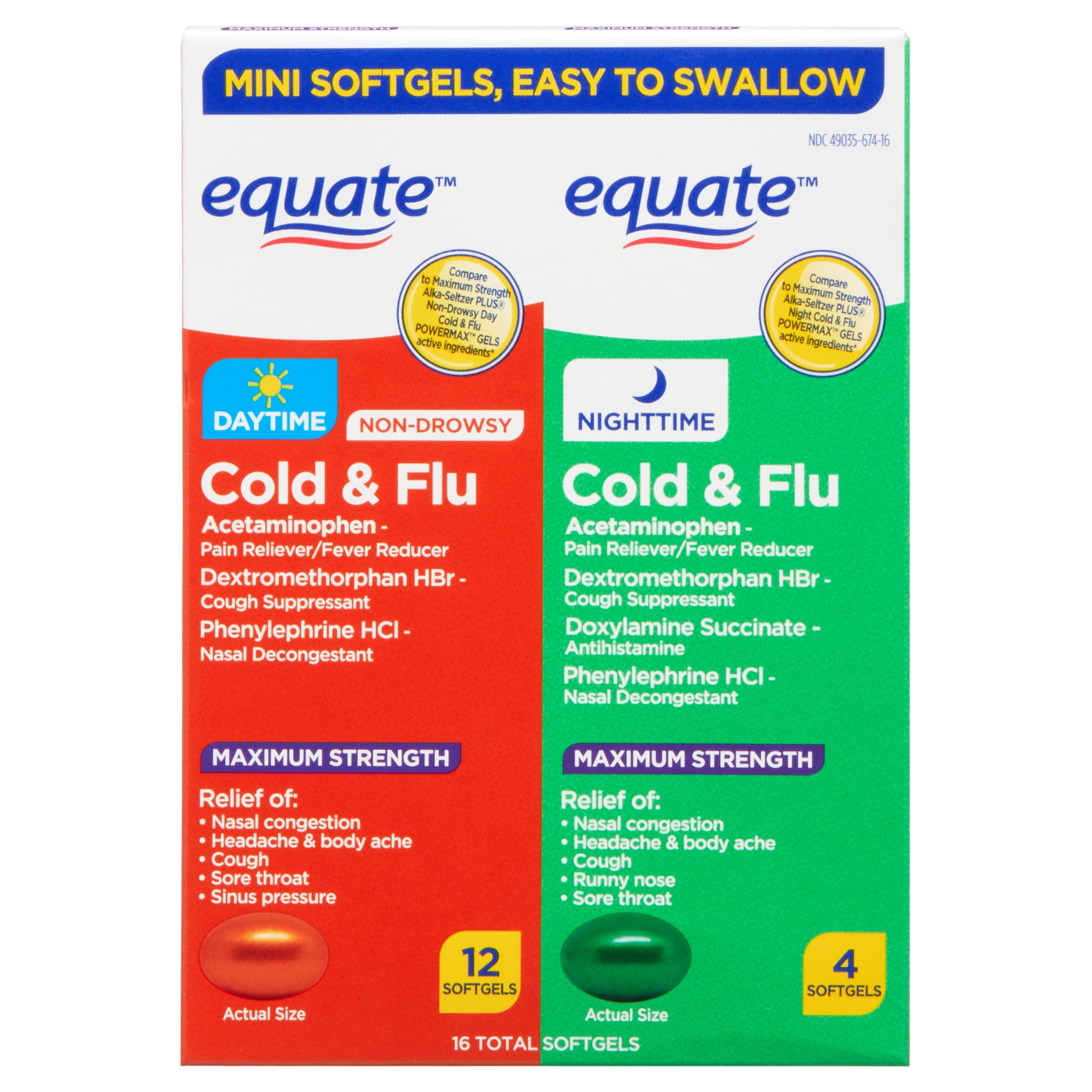 Equate Day Night Maximum Strength Cold Flu Softgels, 16 Tablets