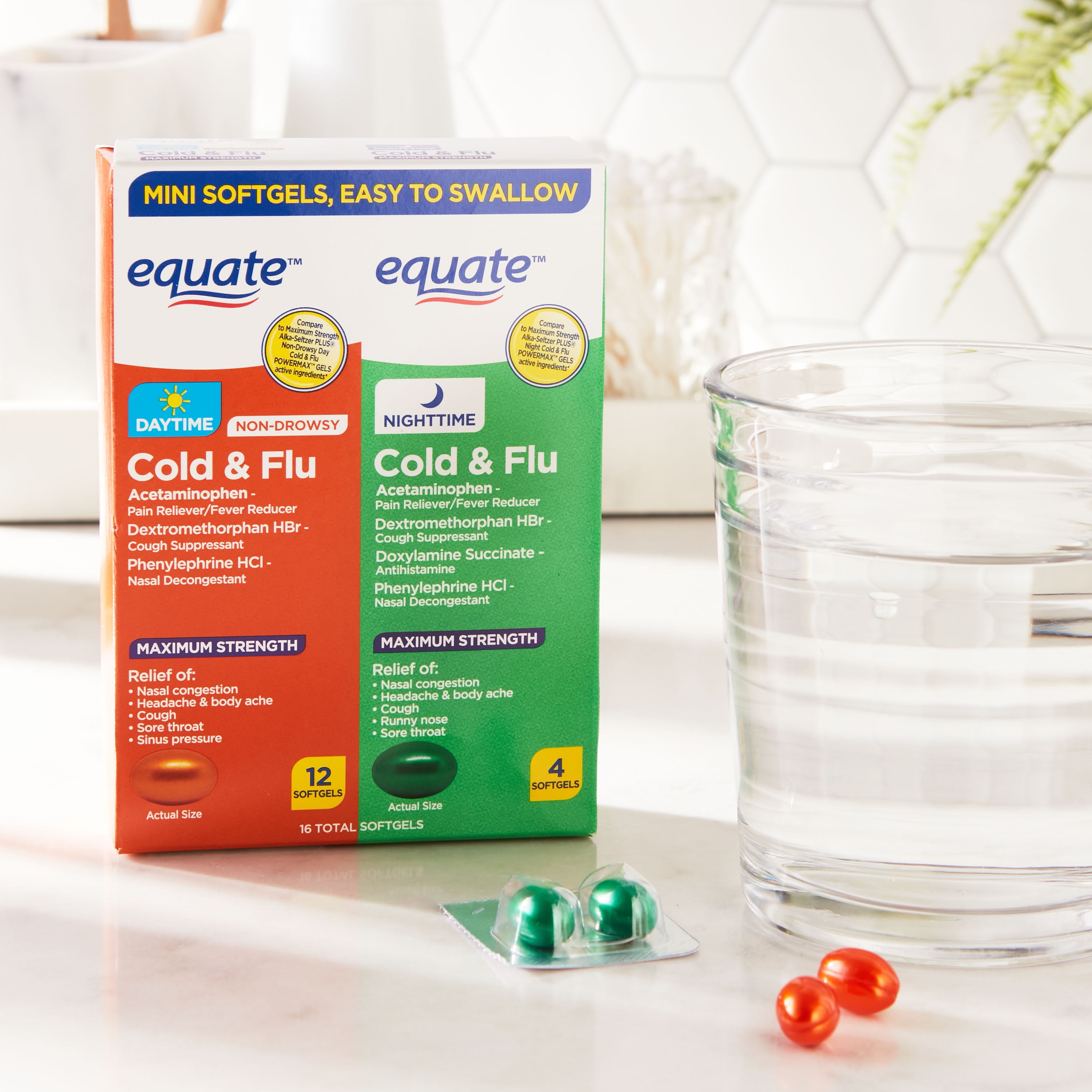Equate Day Night Maximum Strength Cold Flu Softgels, 16 Tablets