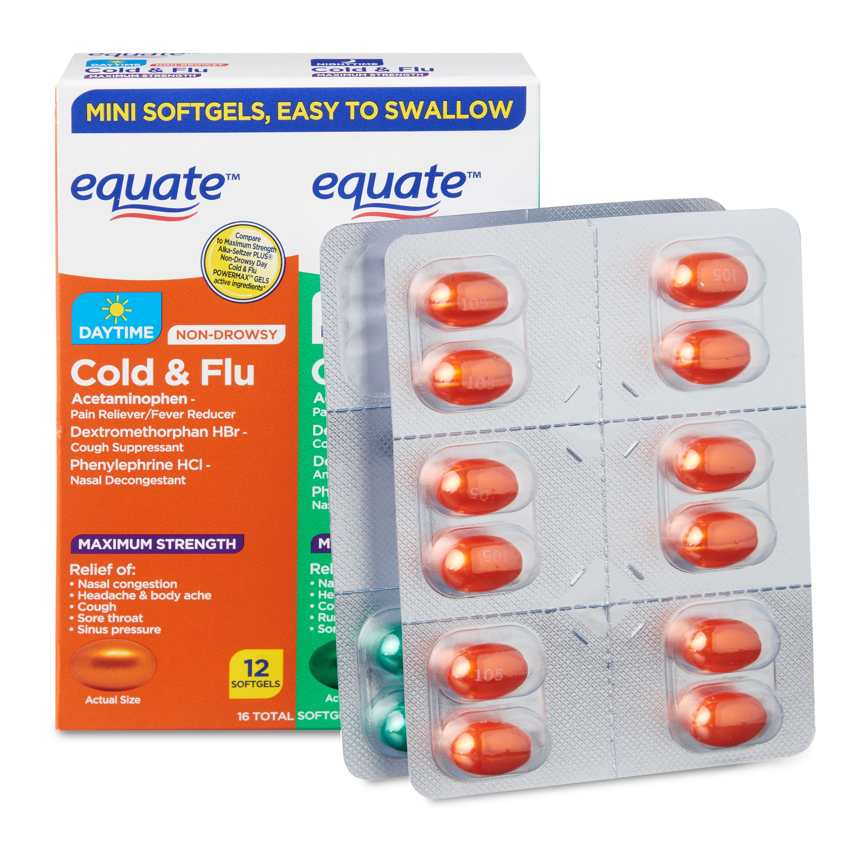 Equate Day Night Maximum Strength Cold Flu Softgels, 16 Tablets