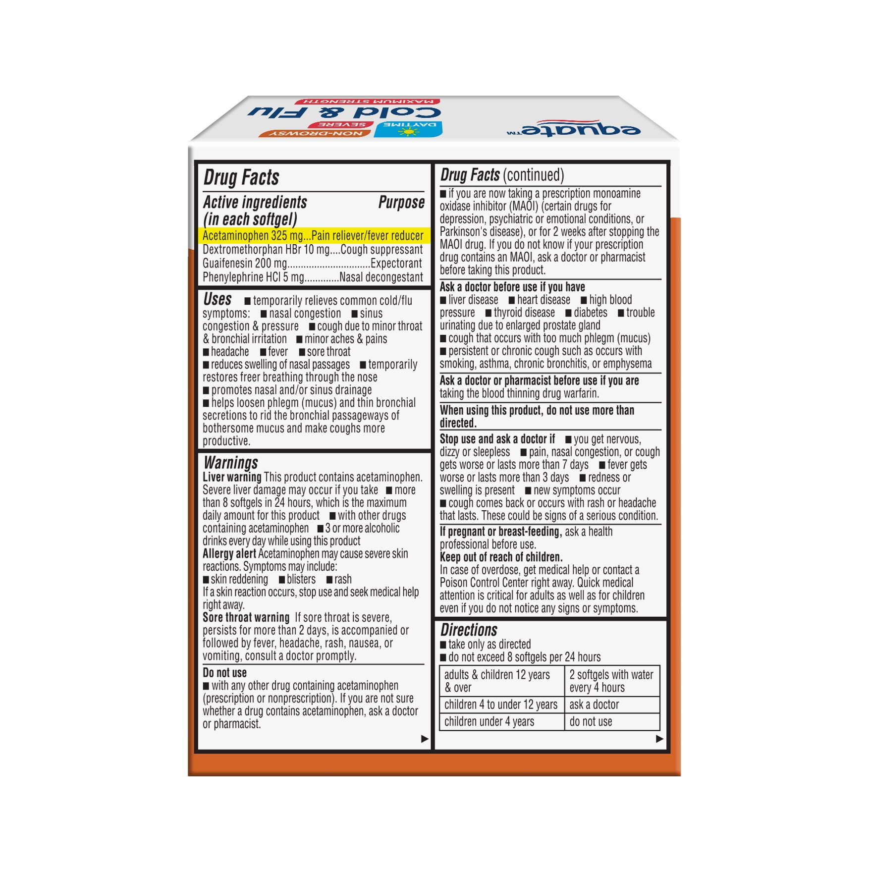 Equate Daytime Cold Flu Softgels Maximum Strength Acetaminophen 24 Count