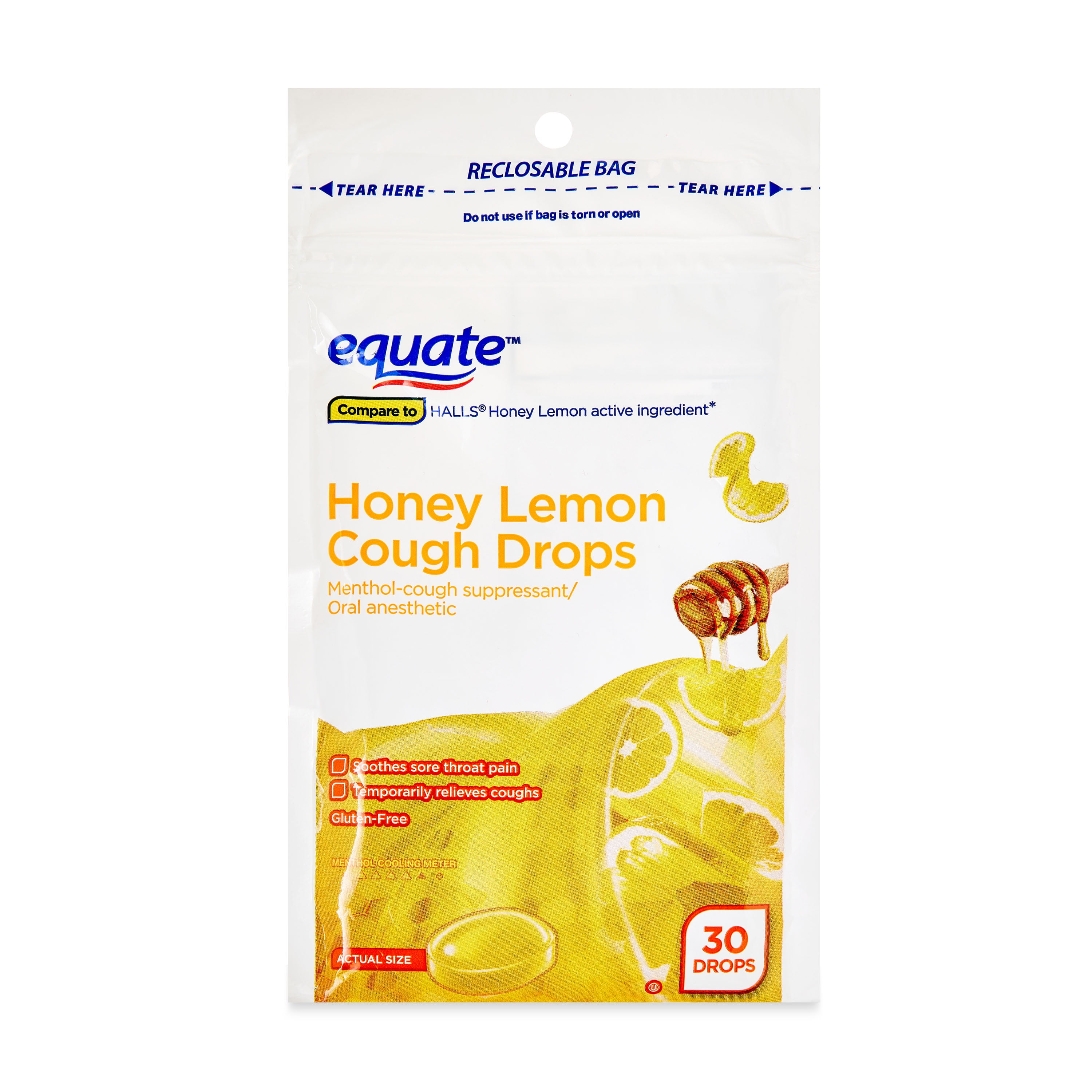 Equate Honey Lemon Cough Drops Menthol 30 Count for Fast Relief