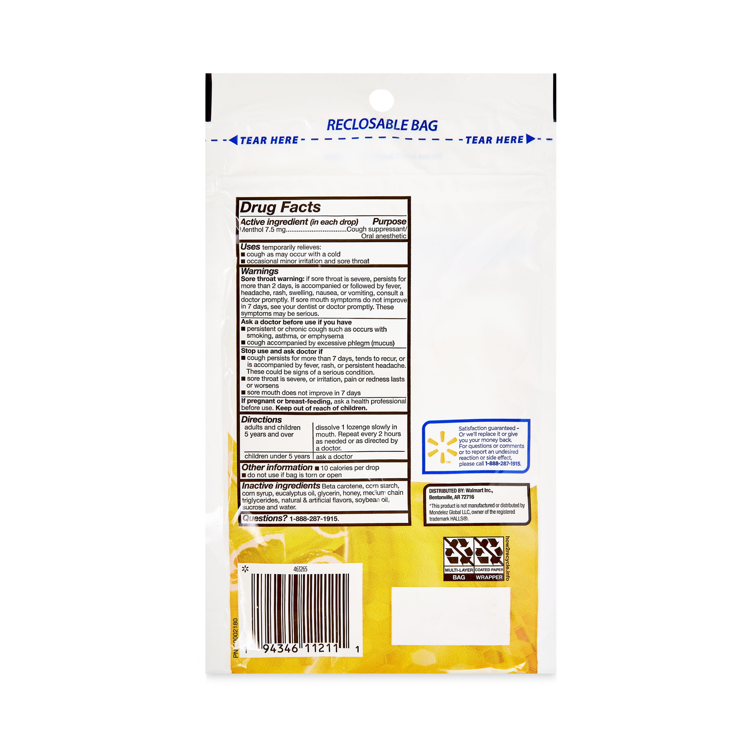 Equate Honey Lemon Cough Drops Menthol 30 Count for Fast Relief