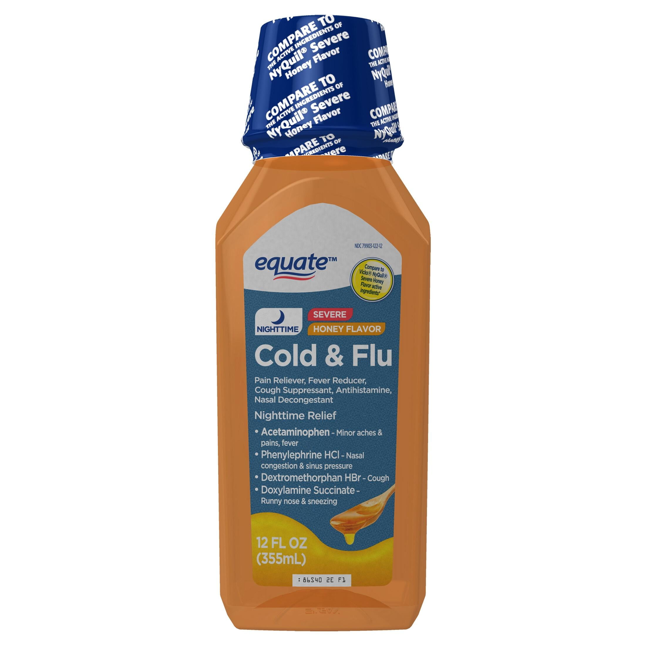 Equate Nighttime Severe Cold Flu Honey Liquid 12 fl oz