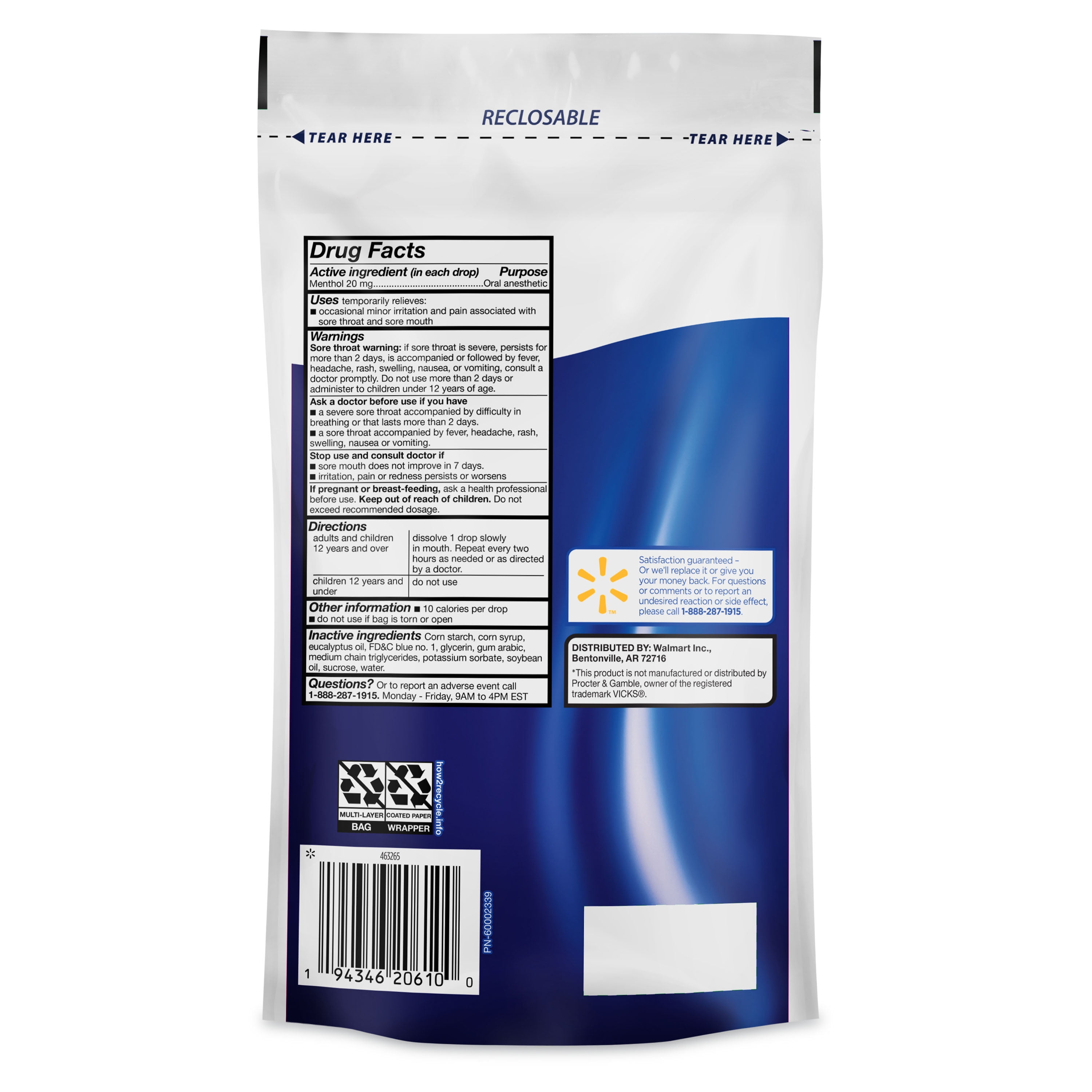 Equate Severe Medicated Menthol Throat Drops 45 Count for Soothing Relief