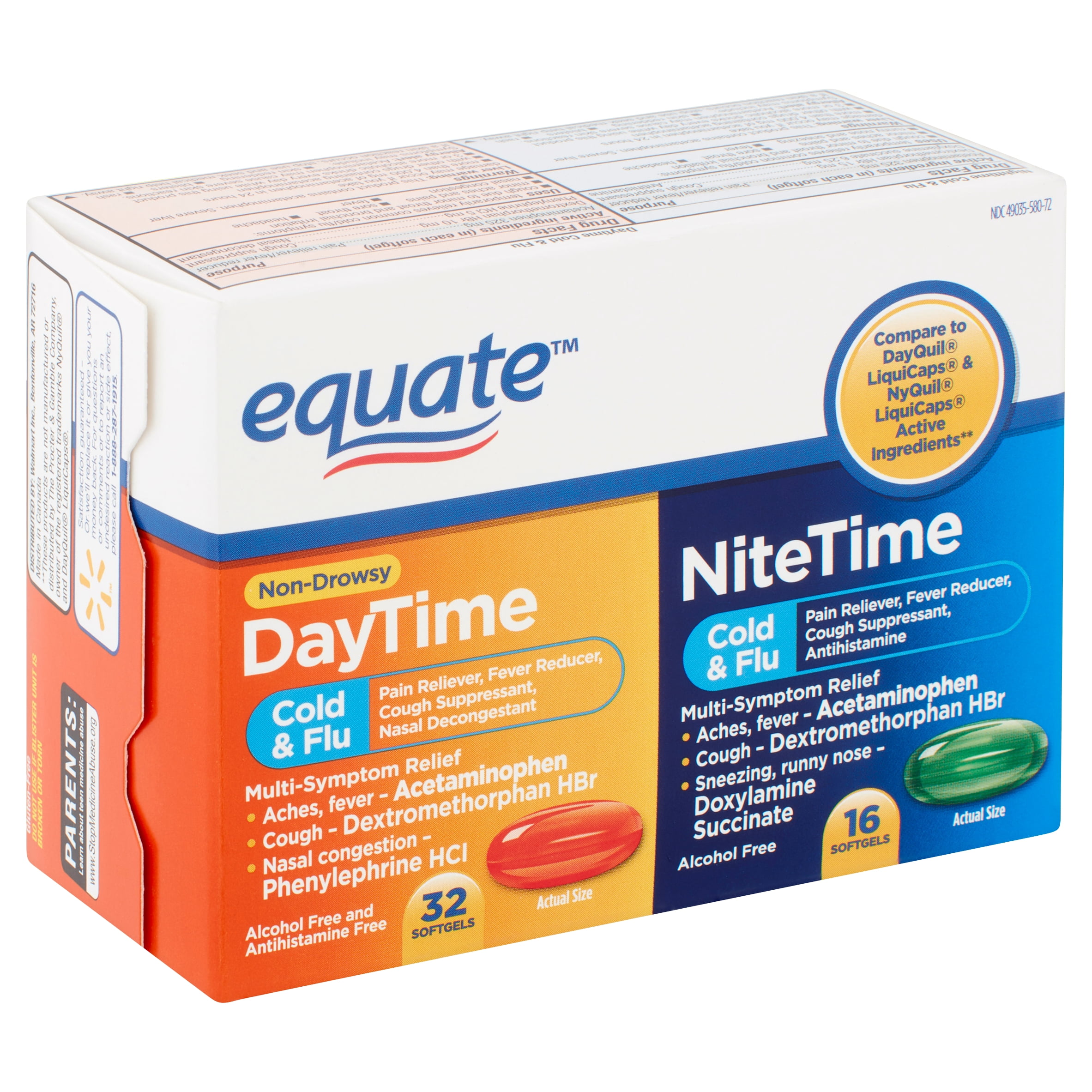 Equate Cold Flu Relief MultiSymptom DaytimeNighttime Combo Pack Softgels Cold Medicine 48 Count