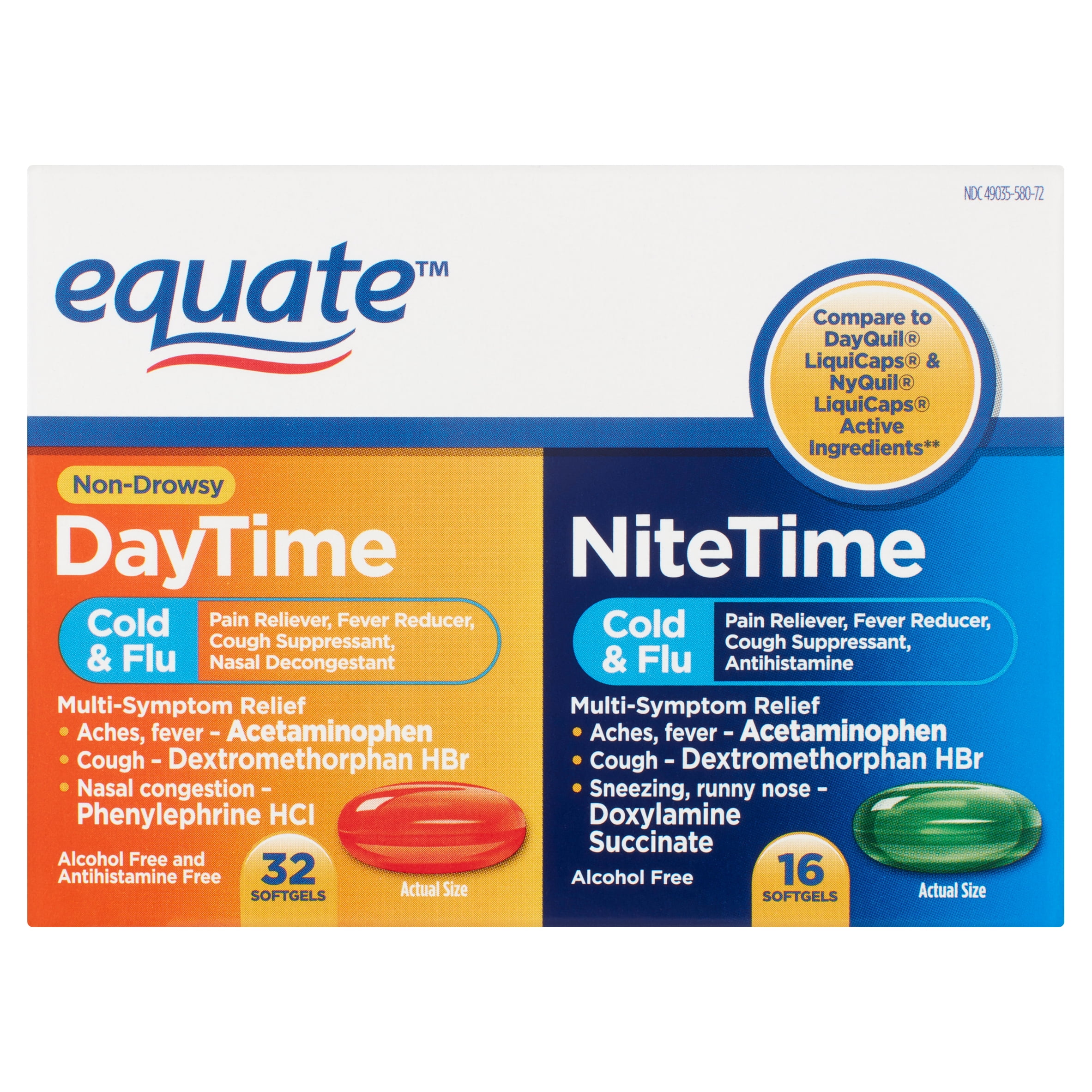 Equate Cold Flu Relief MultiSymptom DaytimeNighttime Combo Pack Softgels Cold Medicine 48 Count