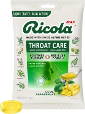 Ricola Max Cool Peppermint Throat Care Large Bag Cough Suppressant Drops Dual Action Liquid Center Soothing Long-Lasting Relief 34 Count Pack